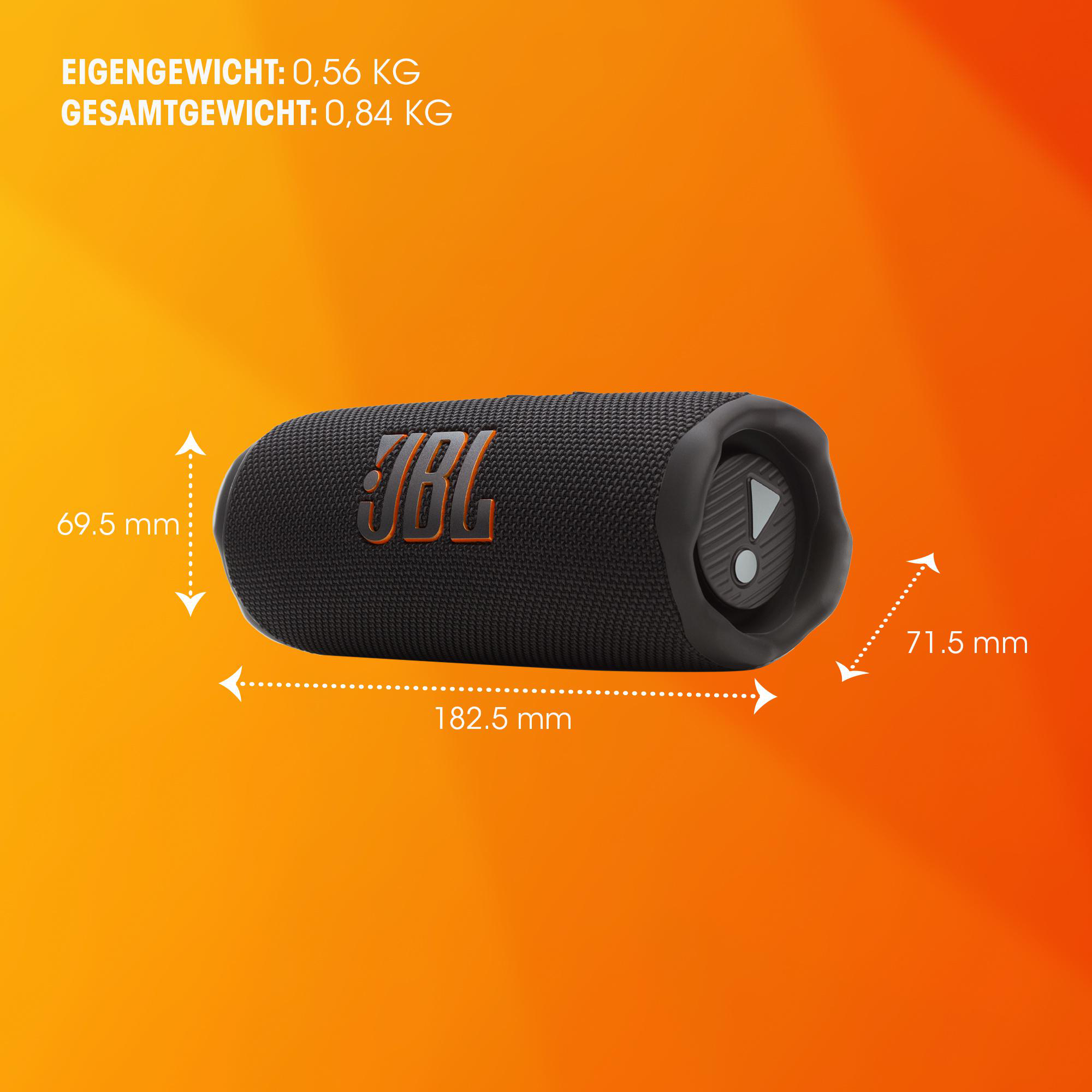 Schwarzer JBL-Lautsprecher mit Maßen und orangefarbenem Farbverlauf im Hintergrund.