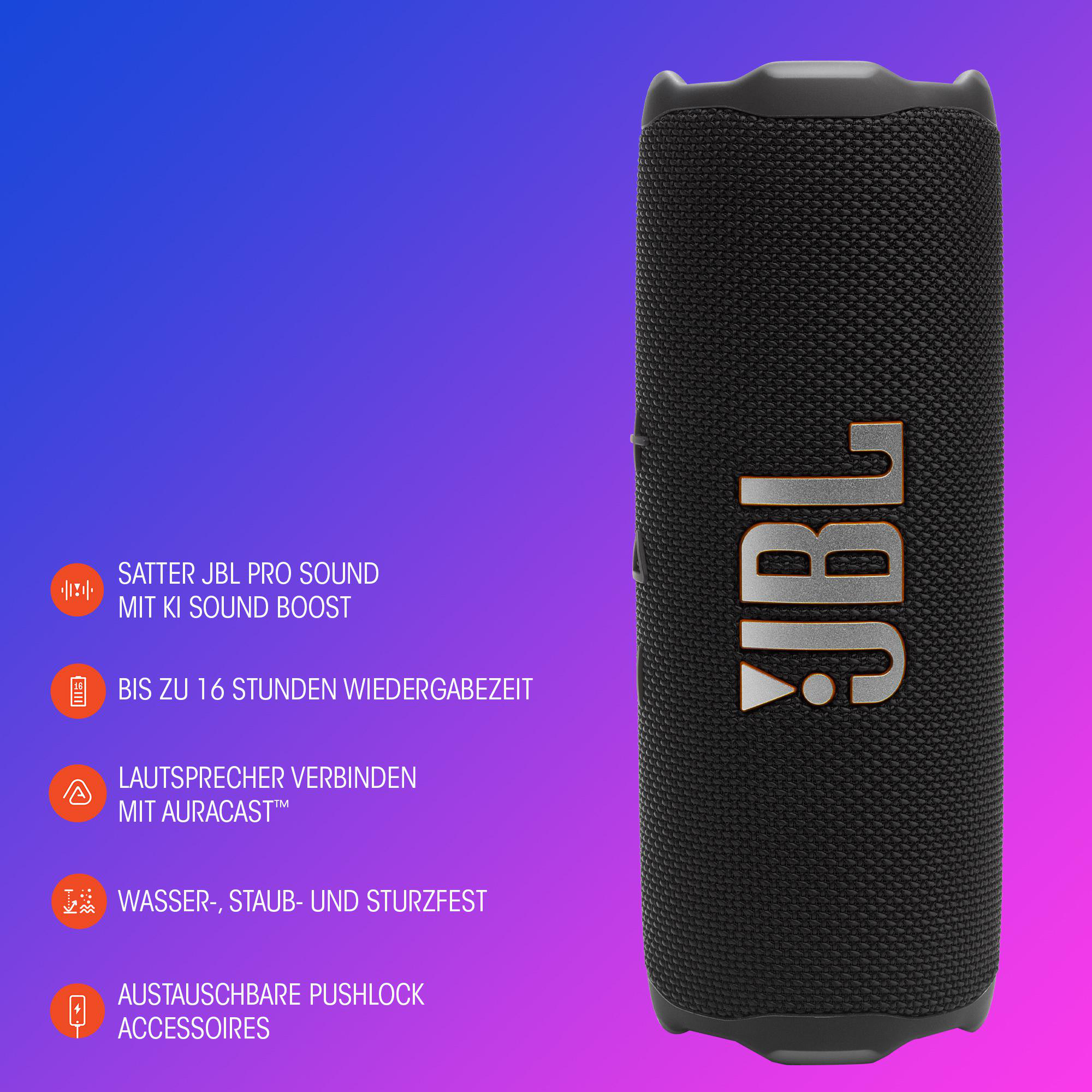 Schwarzer JBL-Lautsprecher mit aufgeführten Funktionen und Farbverlauf im Hintergrund.