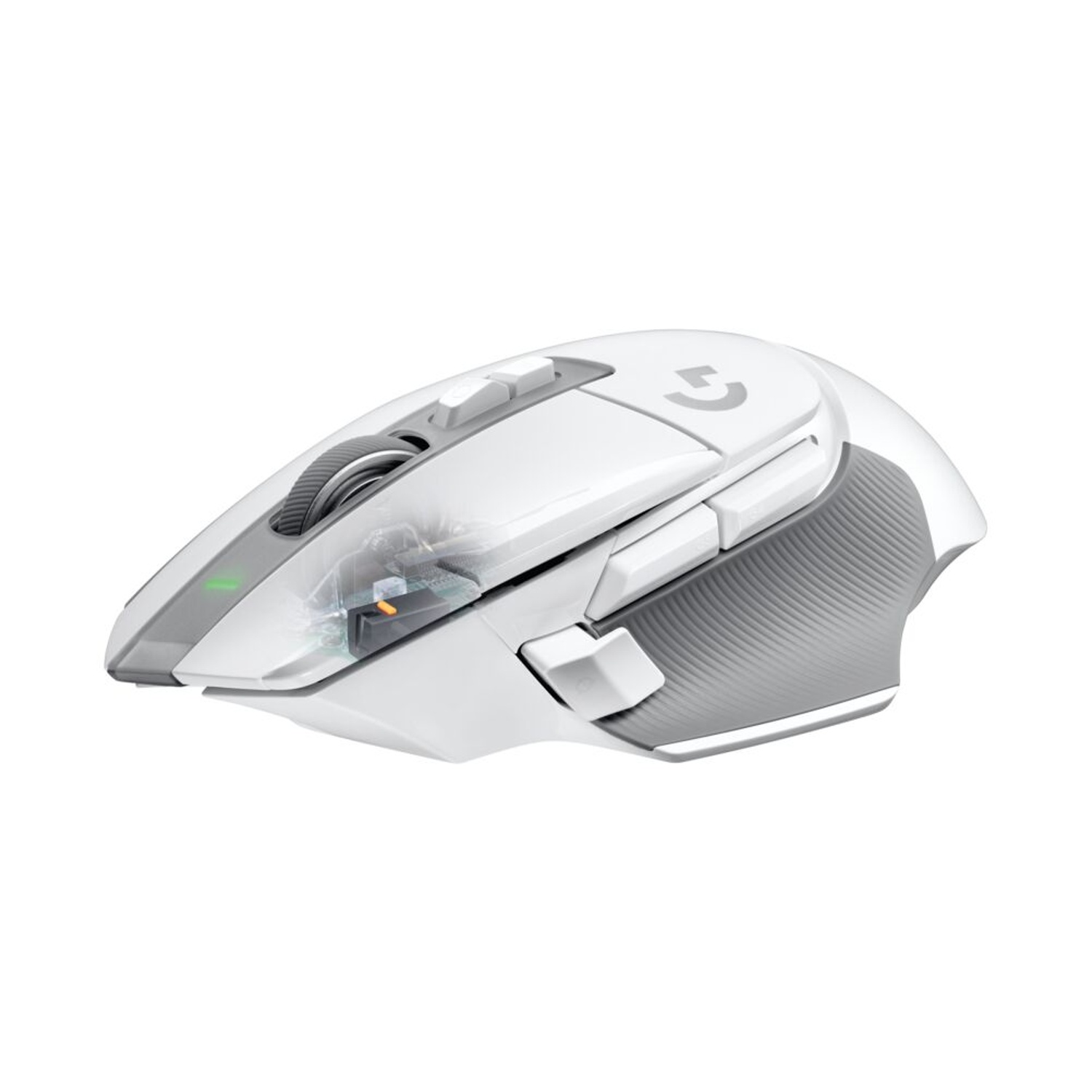 Mouse da gioco wireless bianco e grigio. Dispone di pulsanti, rotella di scorrimento e logo.