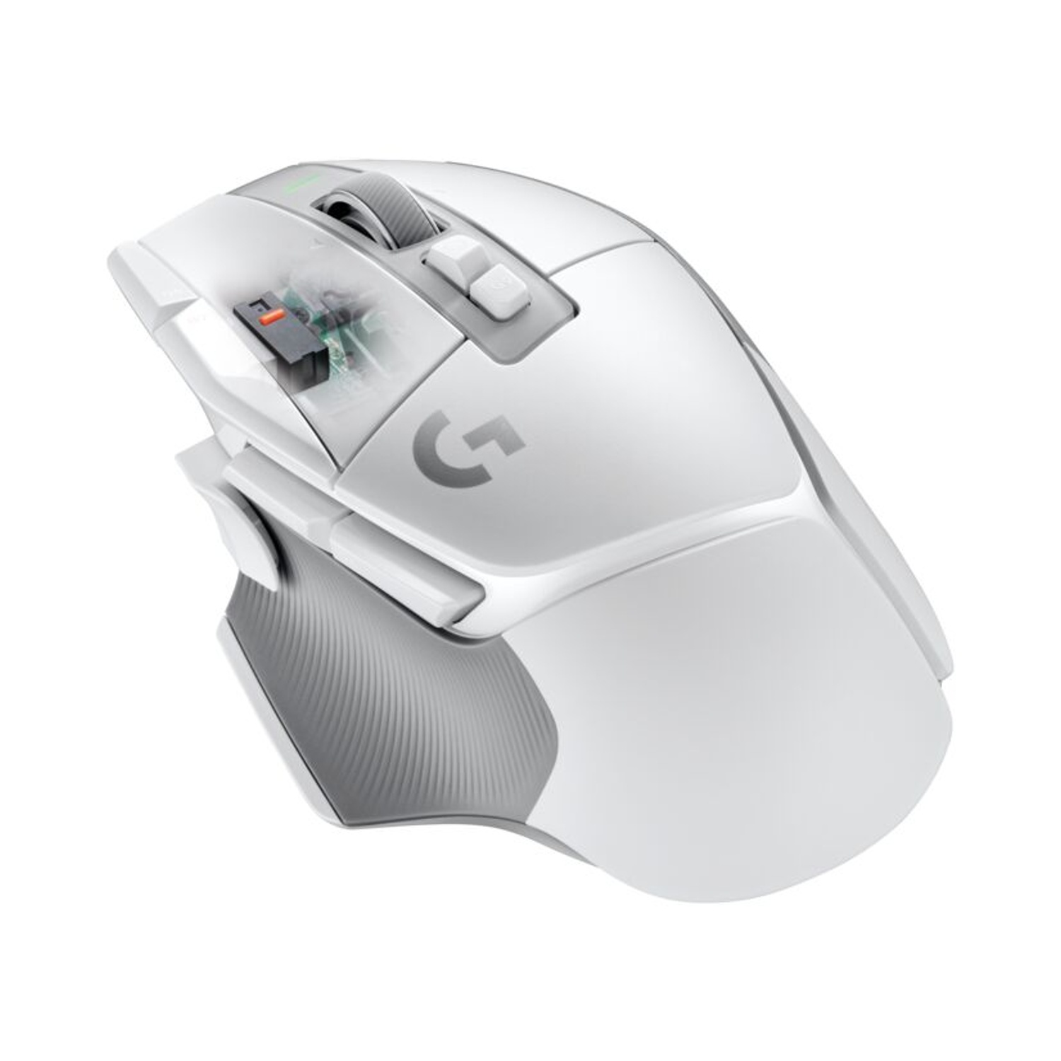 Mouse da gioco wireless bianco e grigio con pulsanti, rotella di scorrimento e un logo.