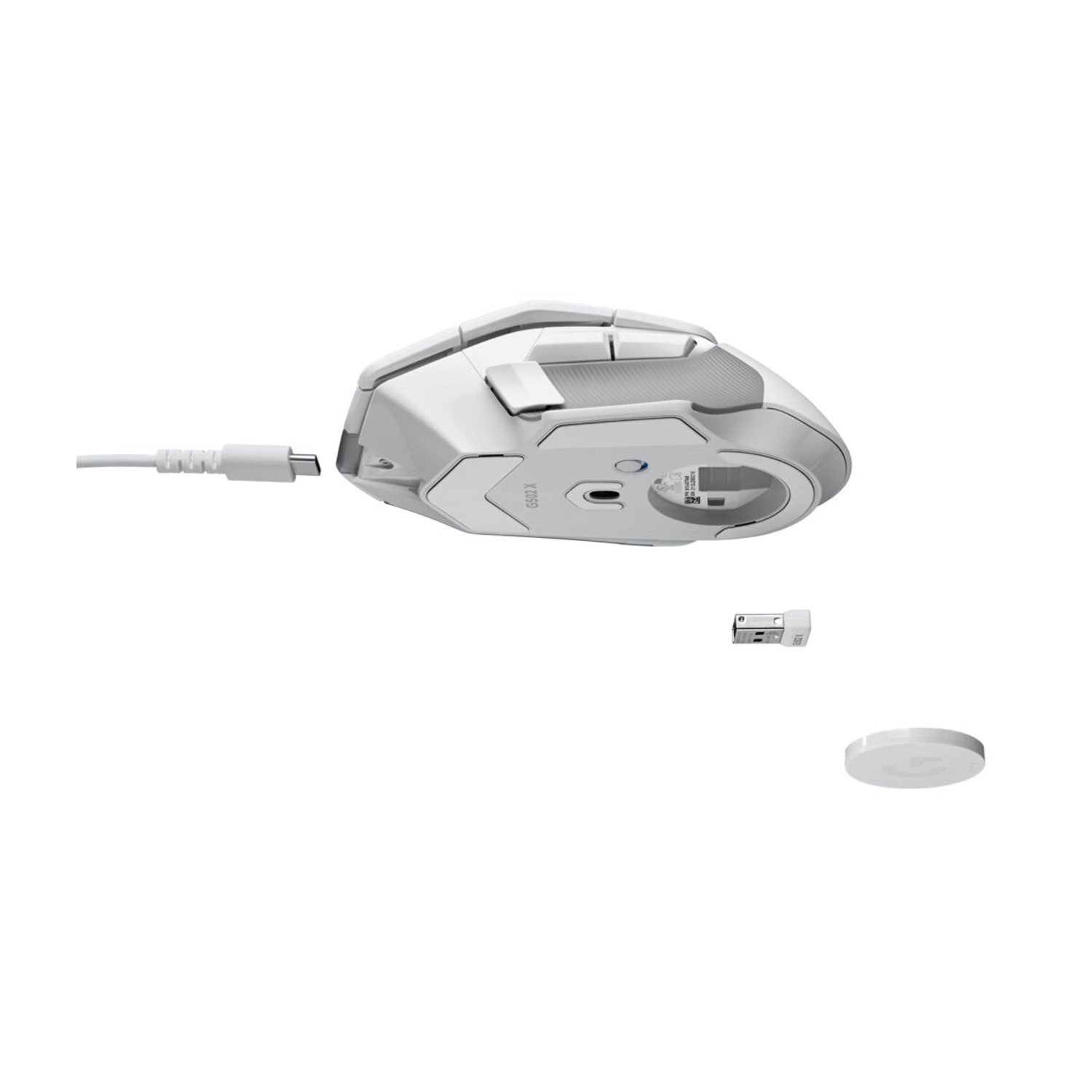 Componenti del mouse da gioco wireless bianco: mouse, dongle e base di ricarica.