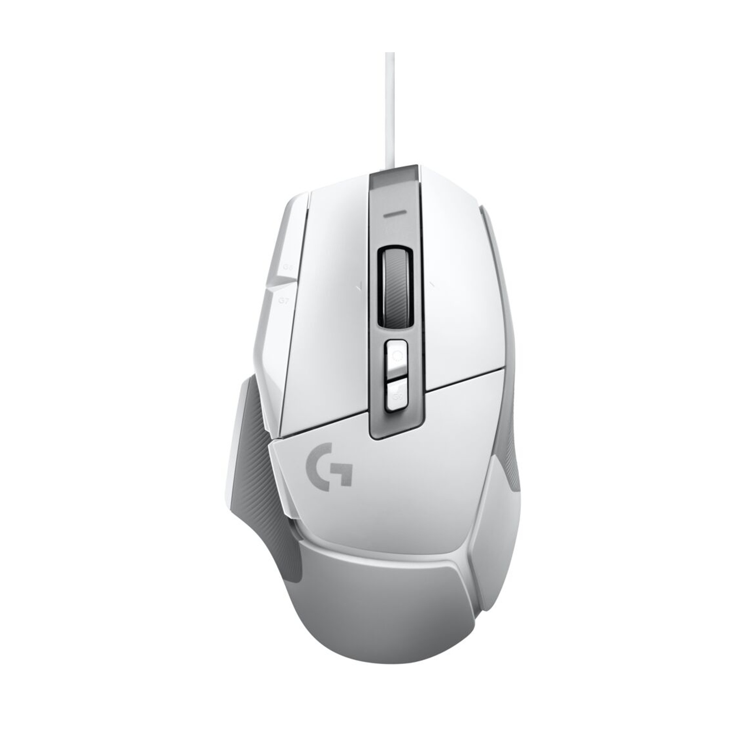 Mouse da gioco bianco e grigio con cavo. Dispone di pulsanti, rotella e logo.