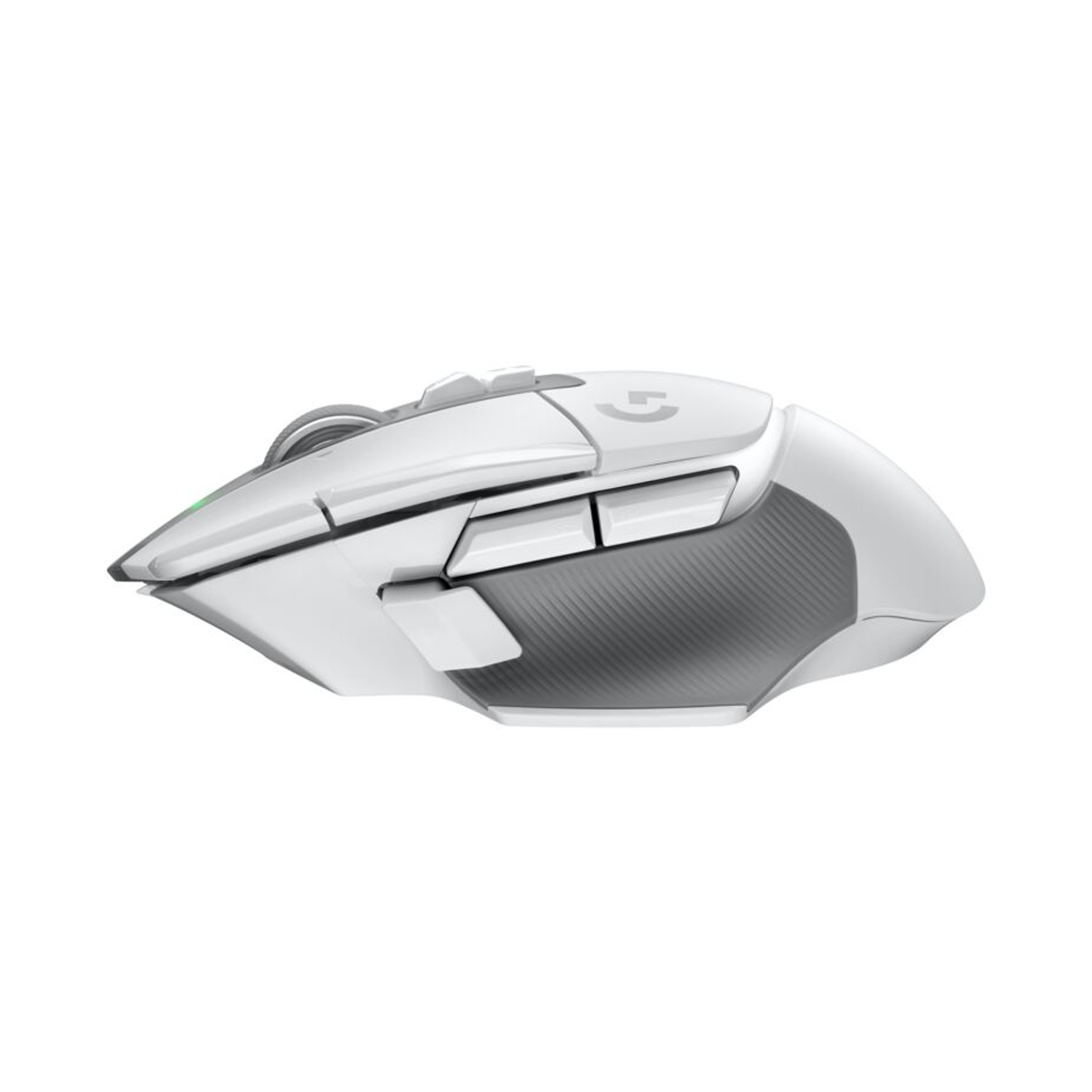 Mouse da gioco wireless bianco e grigio. Dispone di pulsanti, rotella di scorrimento e logo.