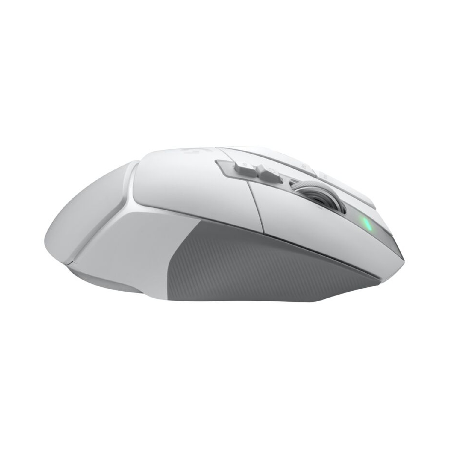 Mouse da gioco wireless bianco e grigio. Dispone di pulsanti, rotella di scorrimento e logo.