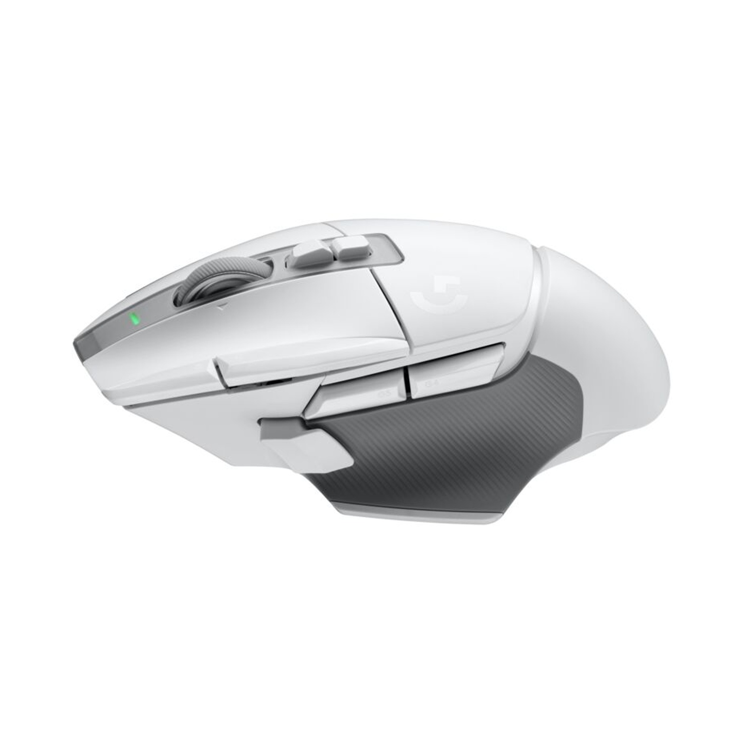 Mouse da gioco wireless bianco e grigio con pulsanti, rotella di scorrimento e un logo.