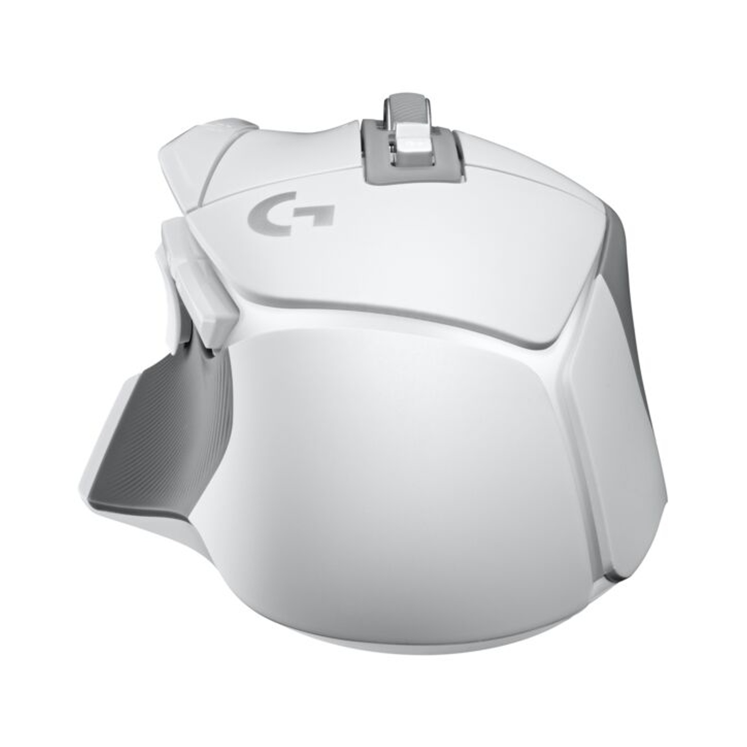 Mouse da gioco wireless bianco e grigio. Dispone di pulsanti, rotella di scorrimento e logo.