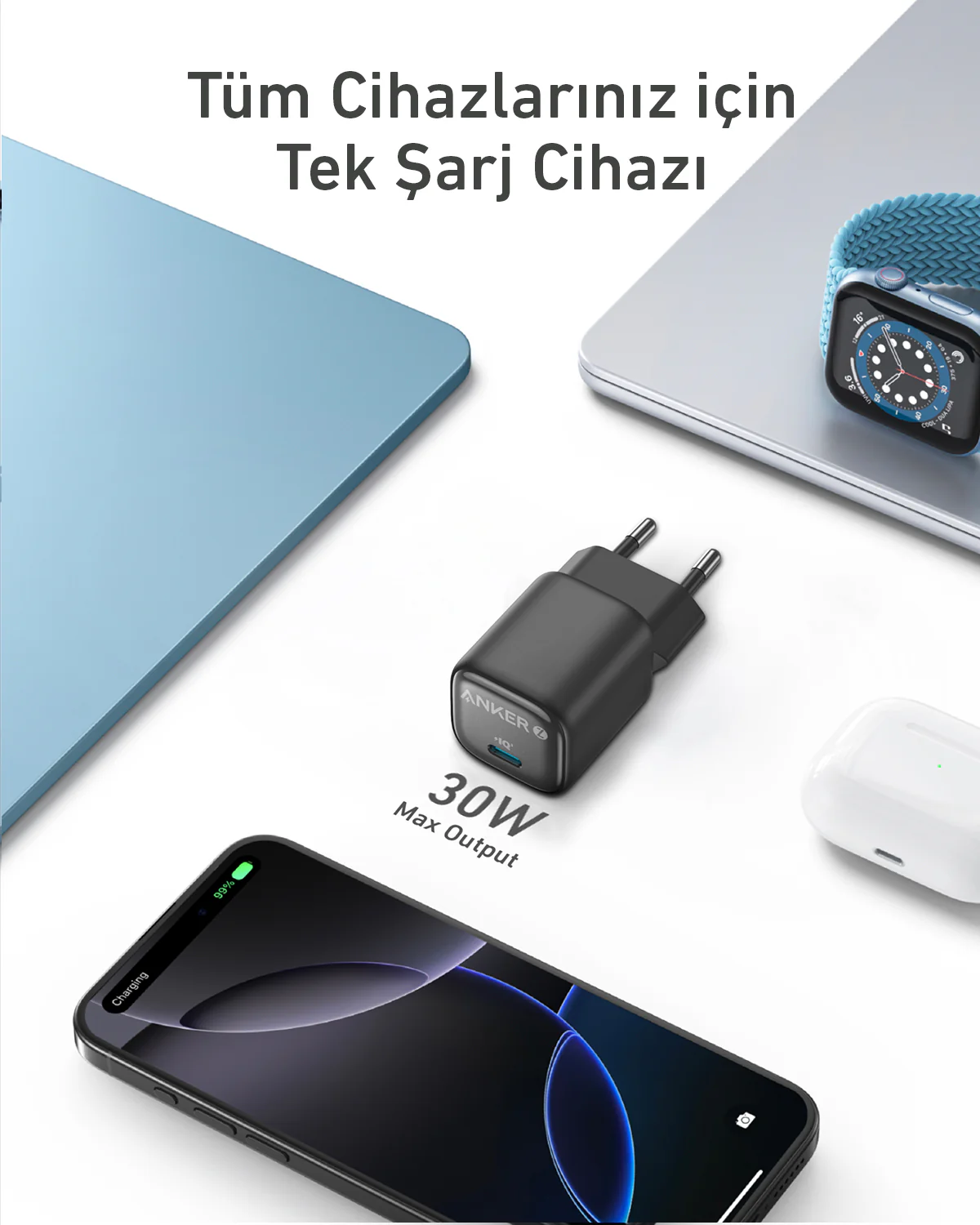 Çoklu cihazlı şarj cihazı: telefon, dizüstü bilgisayar, saat, kulaklık.