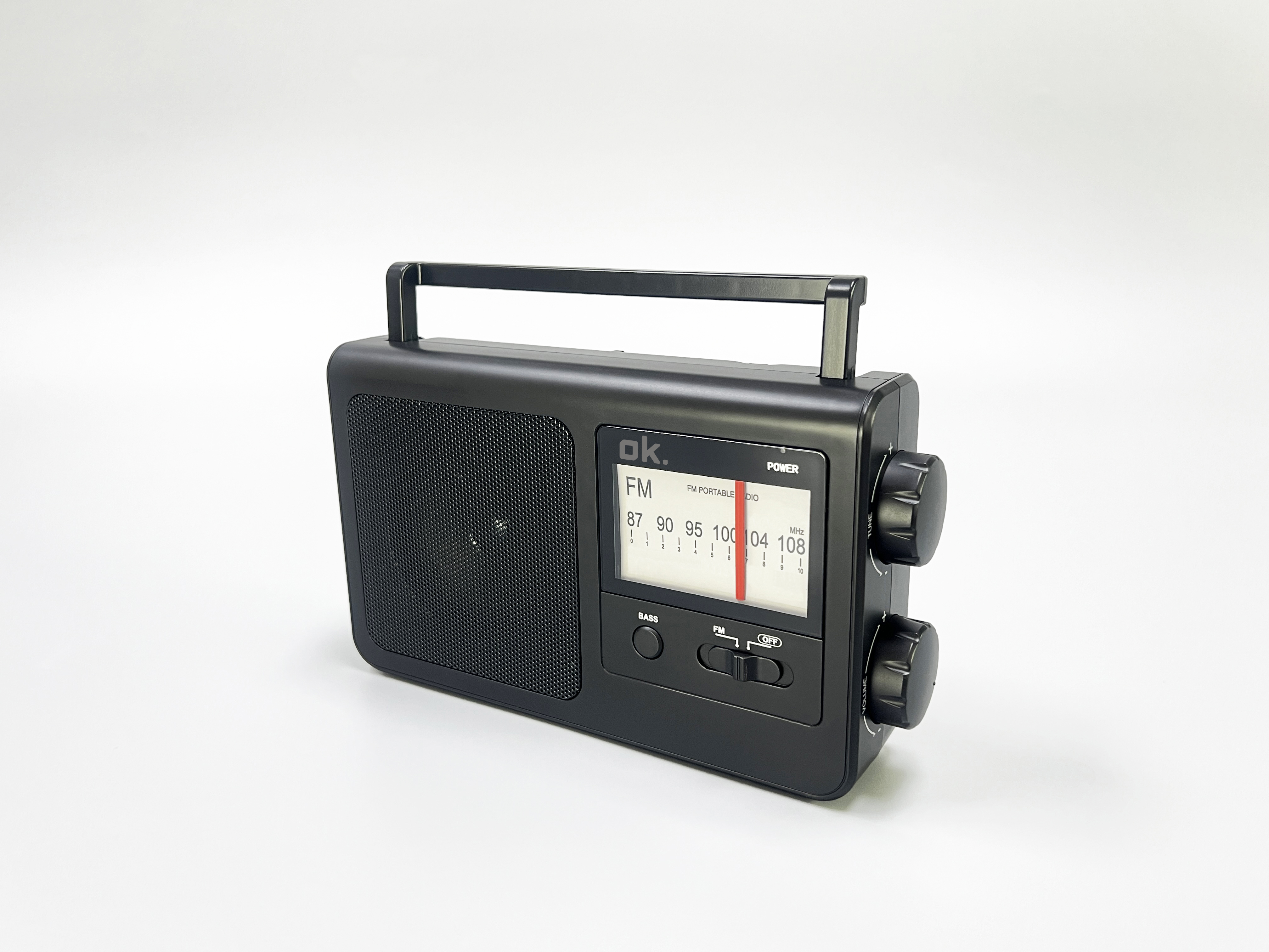 Radio z uchwytem, przyciskami i tunerem.