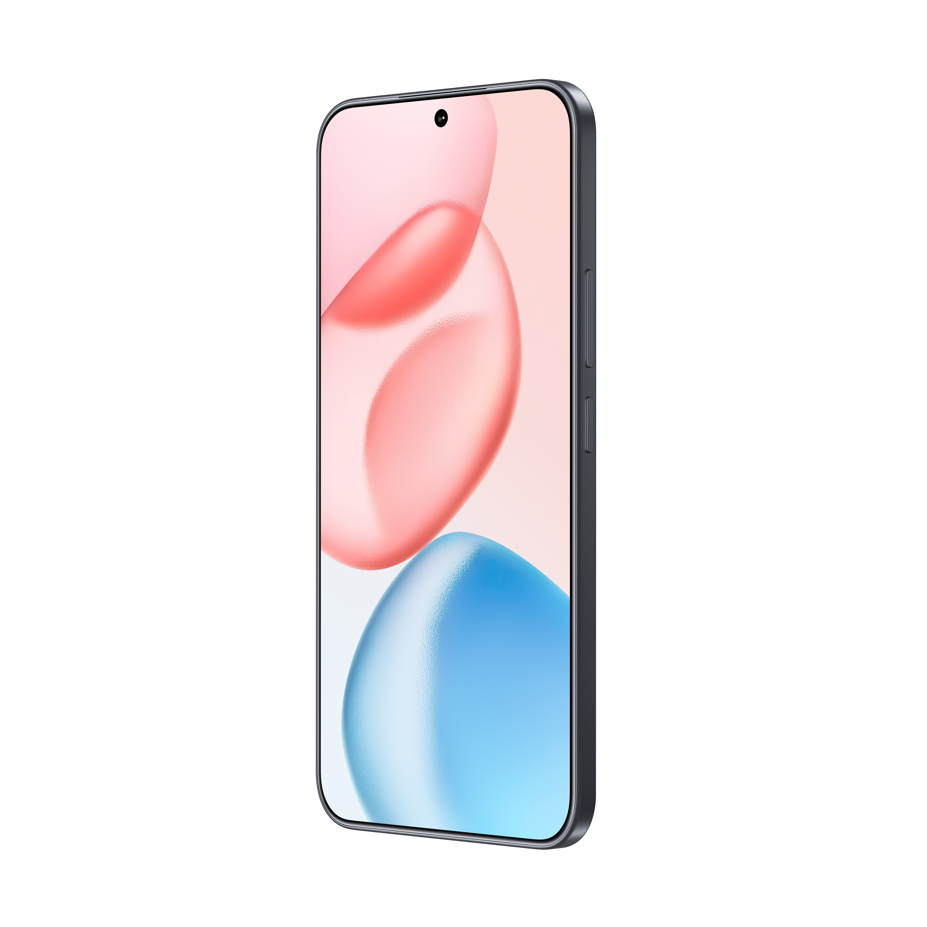 Smartphone mit Bildschirm, der abstrakte rosa und blaue Formen zeigt. Hat eine Frontkamera.