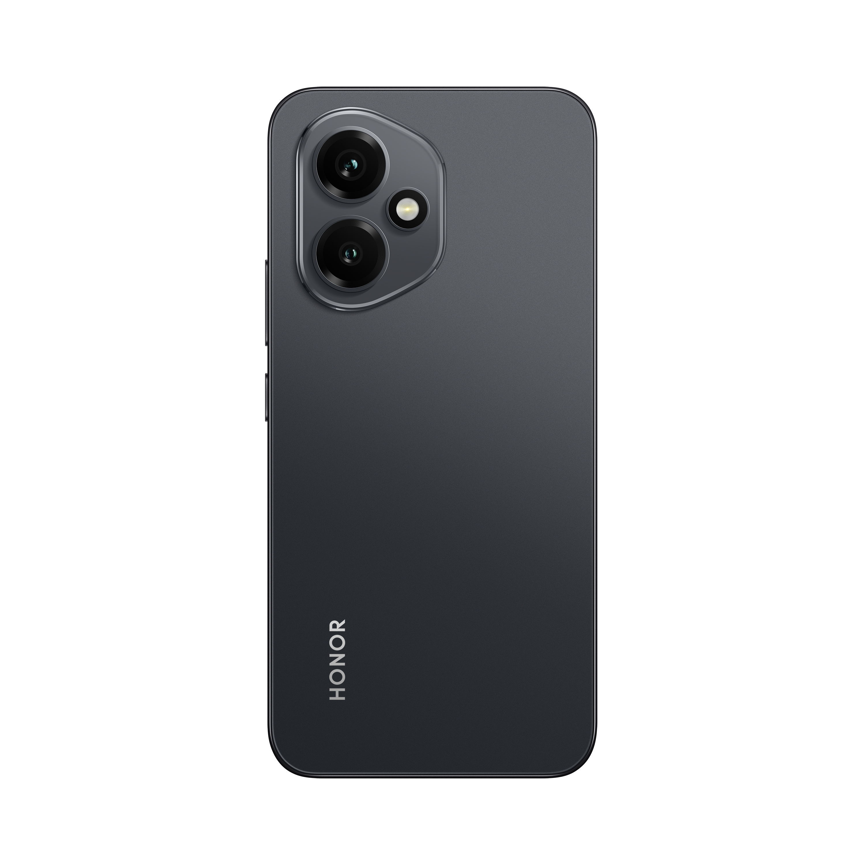 Dunkelgraues Smartphone mit Dual-Kameras, Seitentasten und Honor-Logo auf weißem Hintergrund.