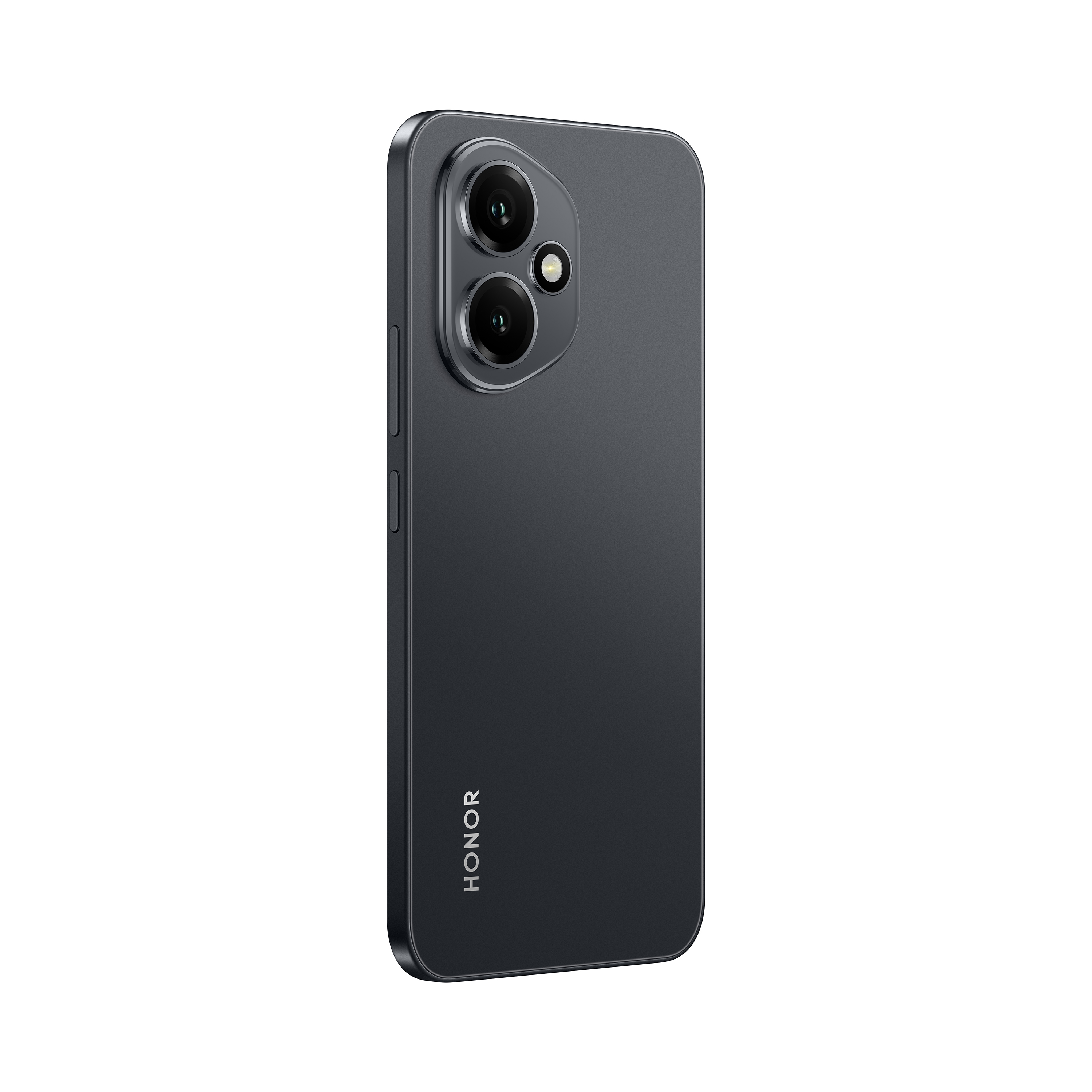 Dunkelgraues Smartphone im Winkel mit Dual-Kameras, Seitentasten, Honor-Logo. Weißer Hintergrund.