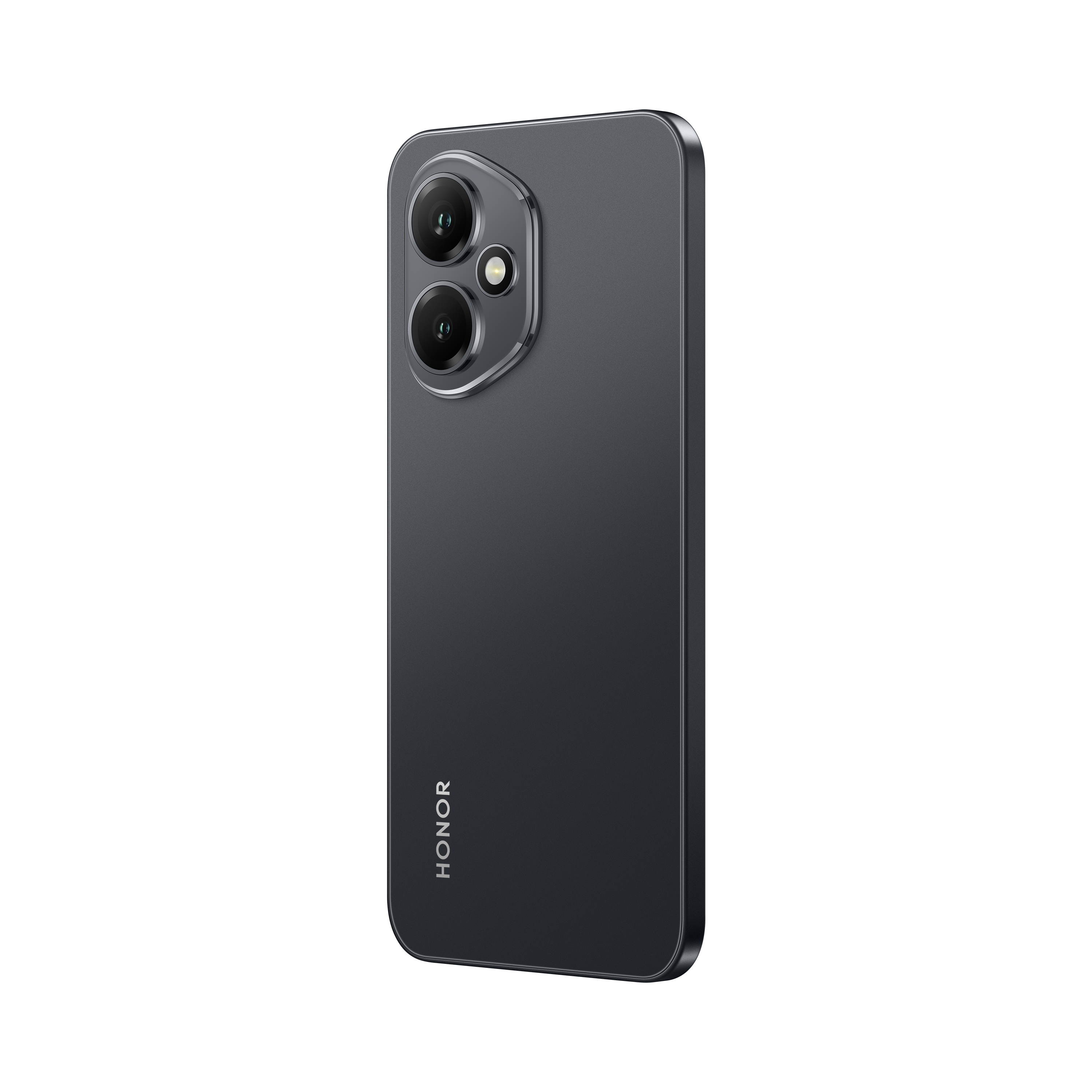 Dunkelgraues Smartphone im Winkel, mit Dual-Kameras, Seitentasten und Honor-Logo. Weißer Hintergrund.