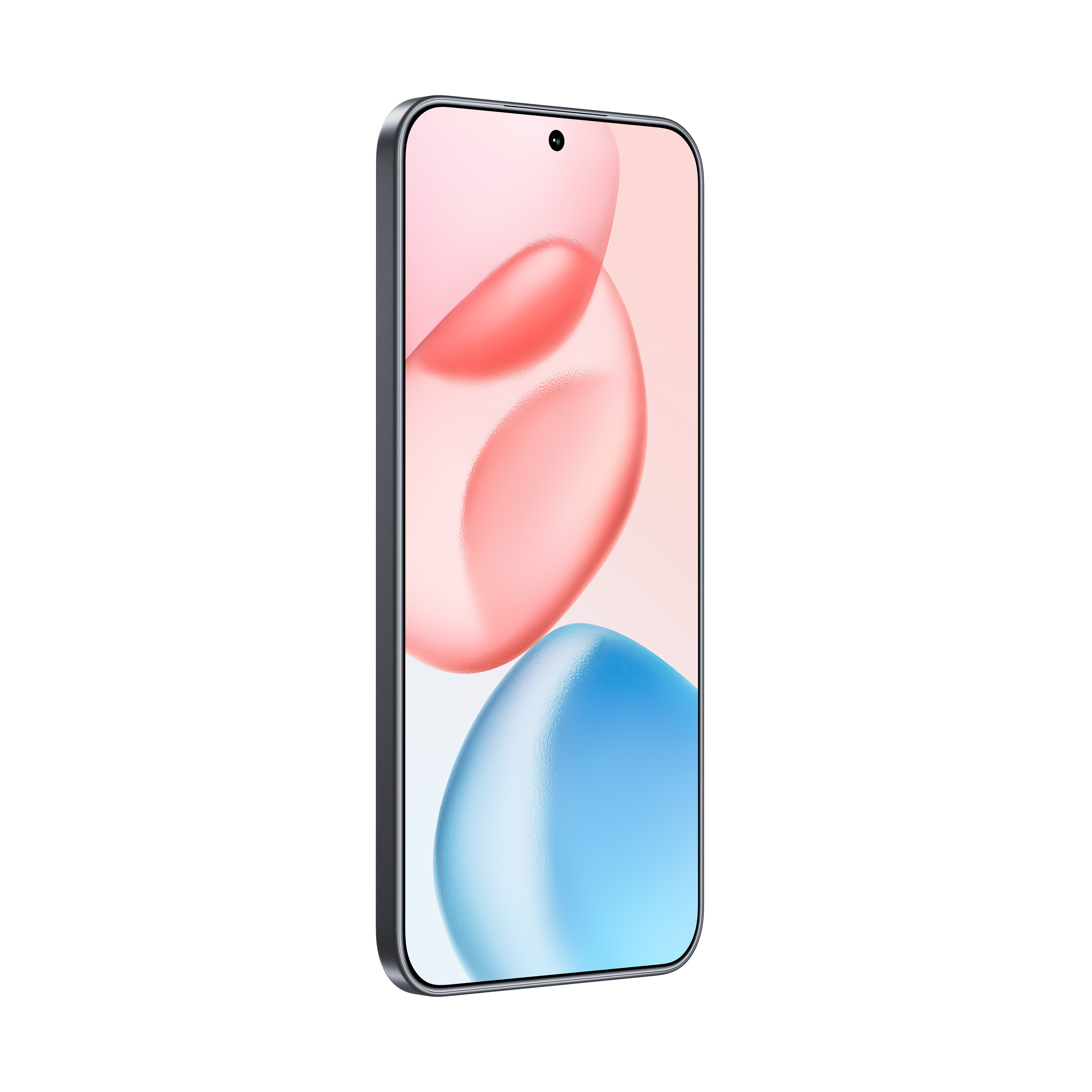 Smartphone-Bildschirm mit rosa und blauem abstrakten Design, schwarzem Rahmen, isoliert auf Weiß.