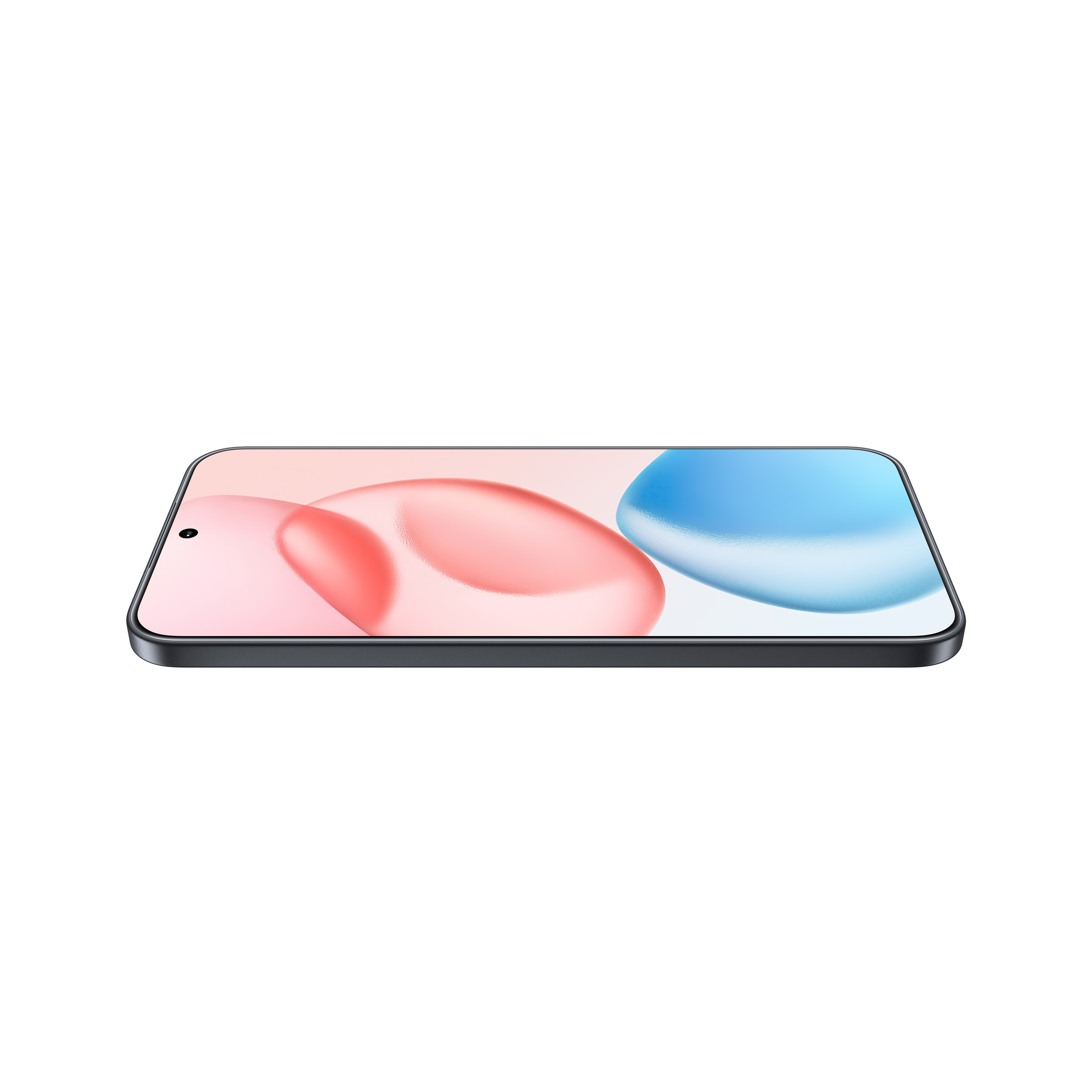 Smartphone-Bildschirm mit rosa und blauem abstraktem Design, schwarzem Rahmen, flach auf weißer Oberfläche.