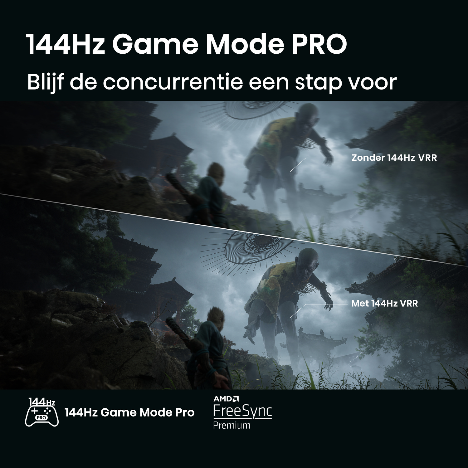 Twee afbeeldingen van een game scene, 144Hz VRR aan en uit vergelijken, met 144Hz Game Mode Pro tekst.
