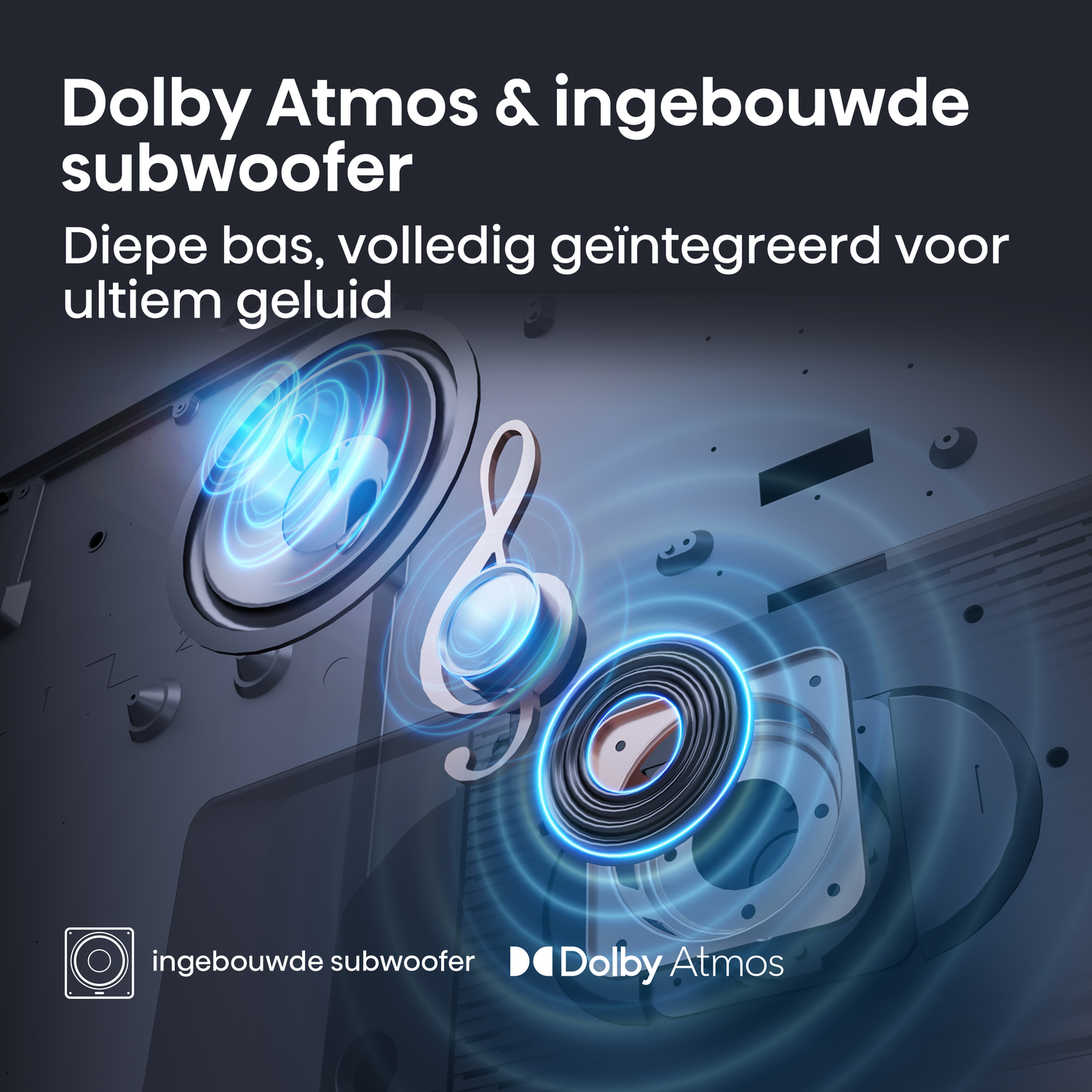 Diagram met geluidsgolven die uitgaan van een subwoofer van een tv en een G-sleutelsymbool.