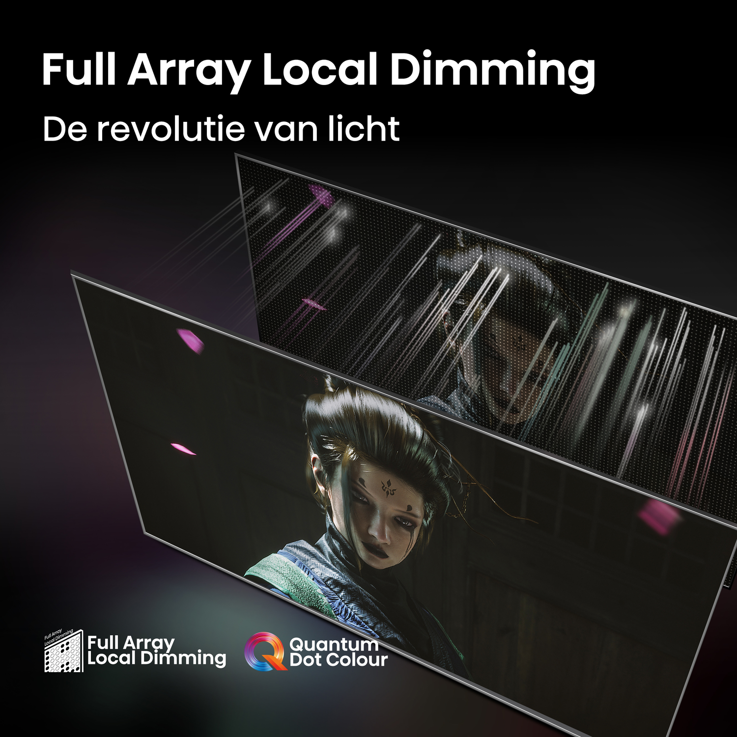 Tv-scherm met Full Array Local Dimming-technologie, toont een afbeelding van een vrouwen gezicht.