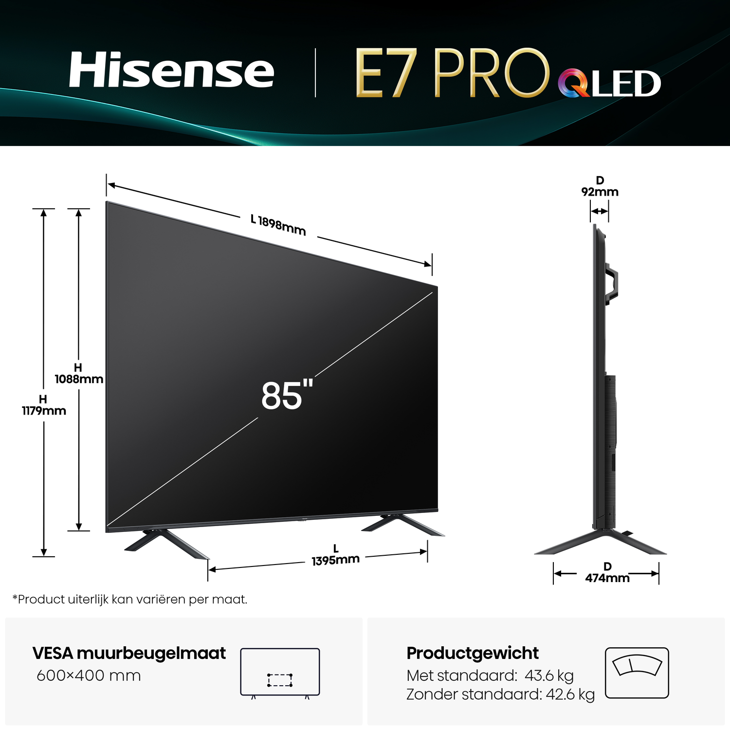 Diagram van tv met afmetingen, gewicht en VESA-specificaties.