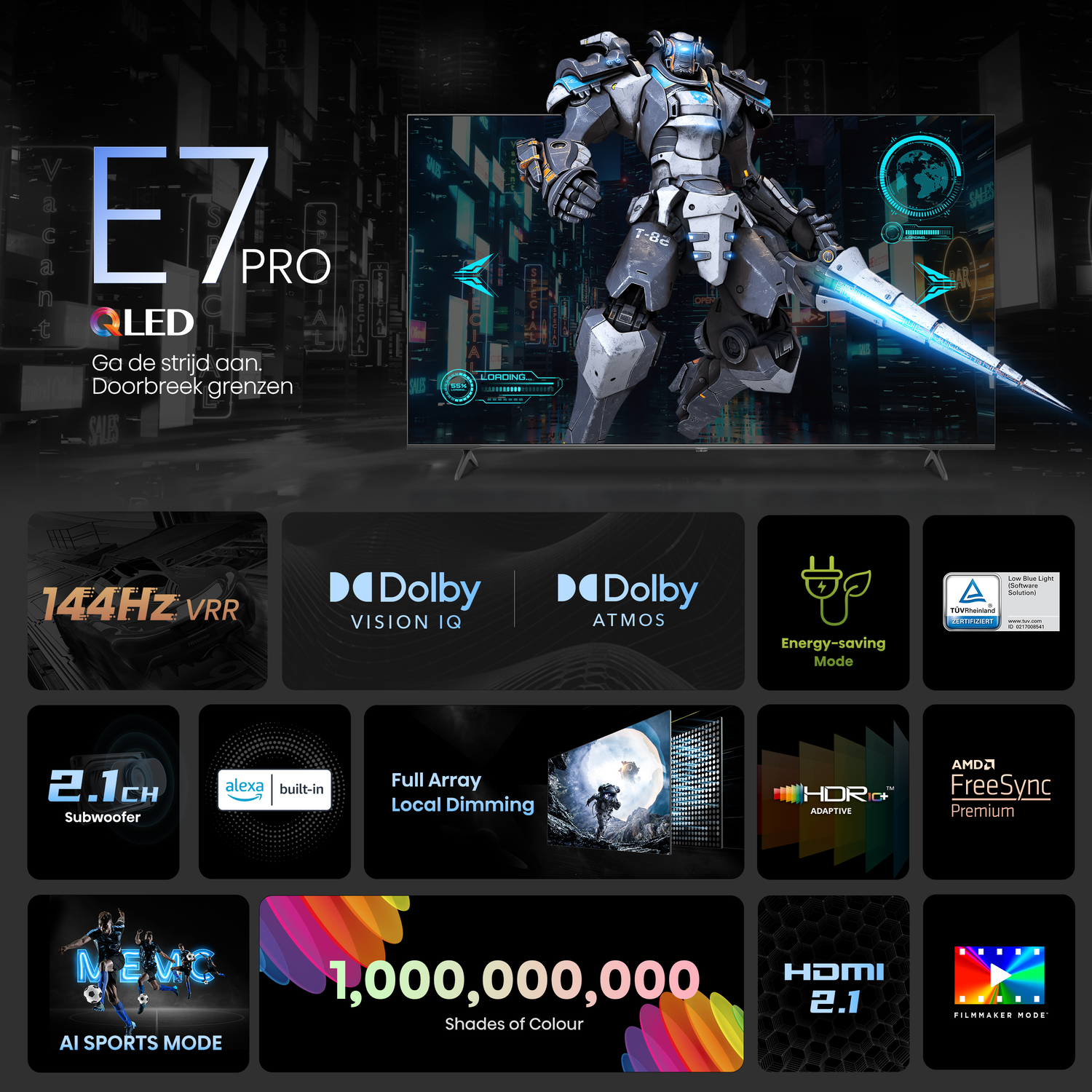 Tv toont robotscène, promoot 144Hz VRR, Dolby en meer.