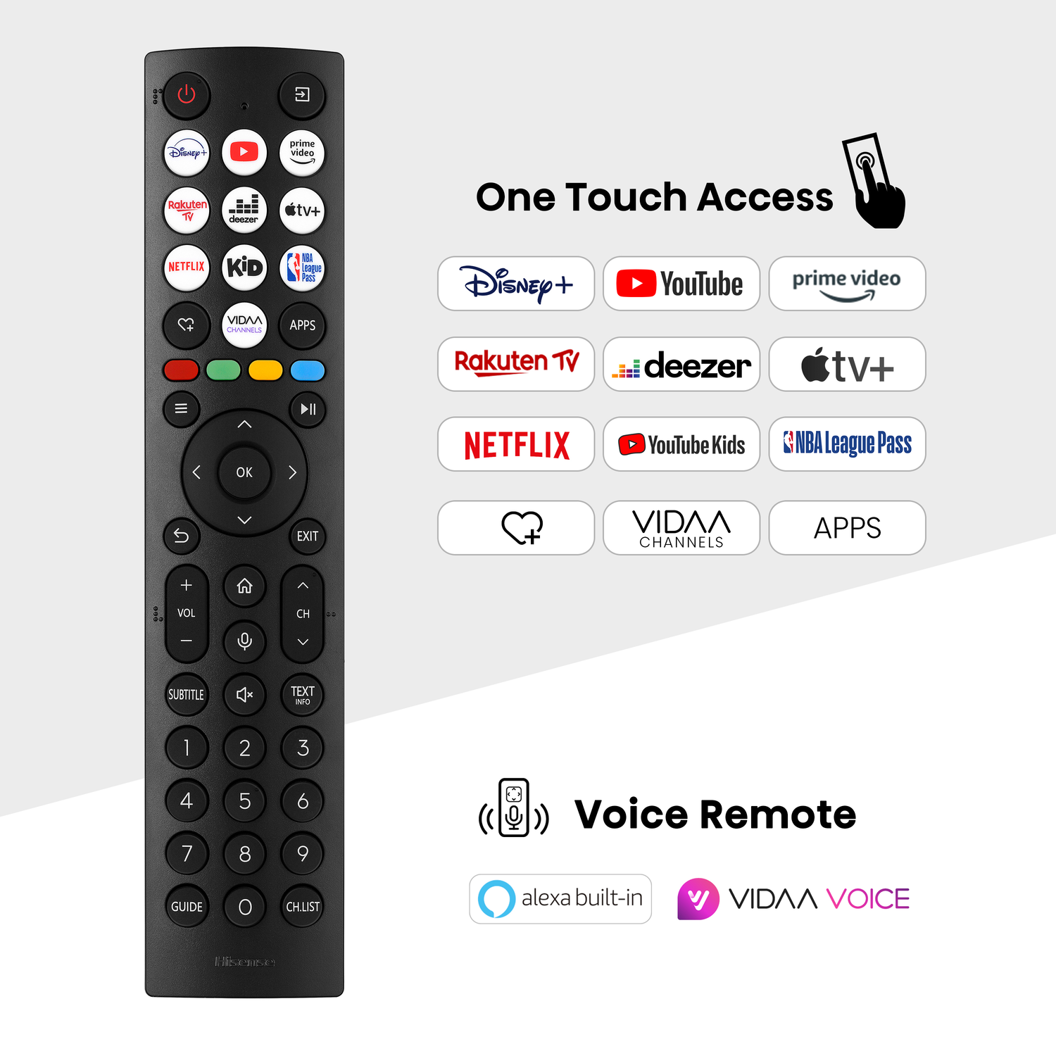 Zwarte tv-afstandsbediening met verschillende app-knoppen. Inclusief spraakbesturing en one-touch toegang.