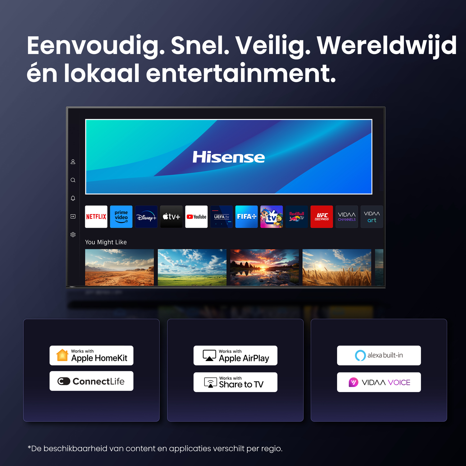 Een tv-scherm met apps. De scène bevat logo's voor Apple- en Amazon-diensten.