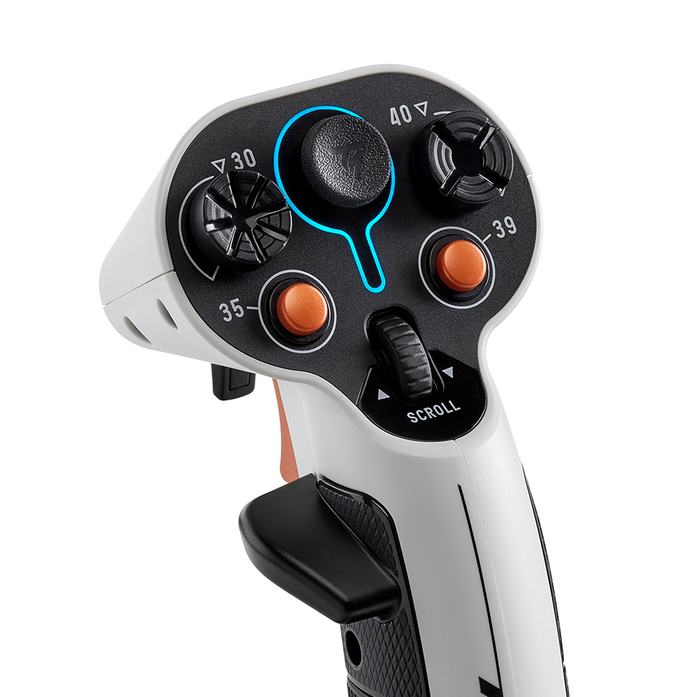 Gaming-Joystick: Weißes Gehäuse mit Knöpfen und einem zentralen schwarzen Steuerknopf. Orange Akzente.
