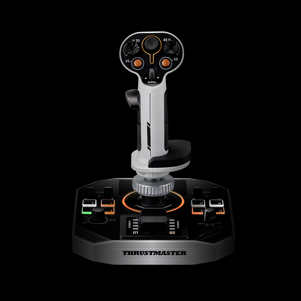 Joystick mit Stick, Knöpfen und orangefarbenen Details.
