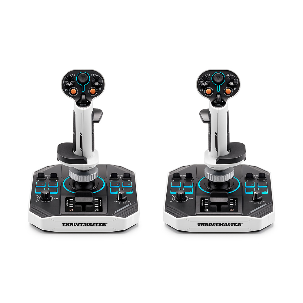 Zwei Joysticks mit weißen und schwarzen Details.