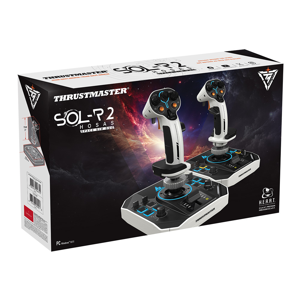 Box mit zwei Joysticks, ein weißes und schwarzes Design.