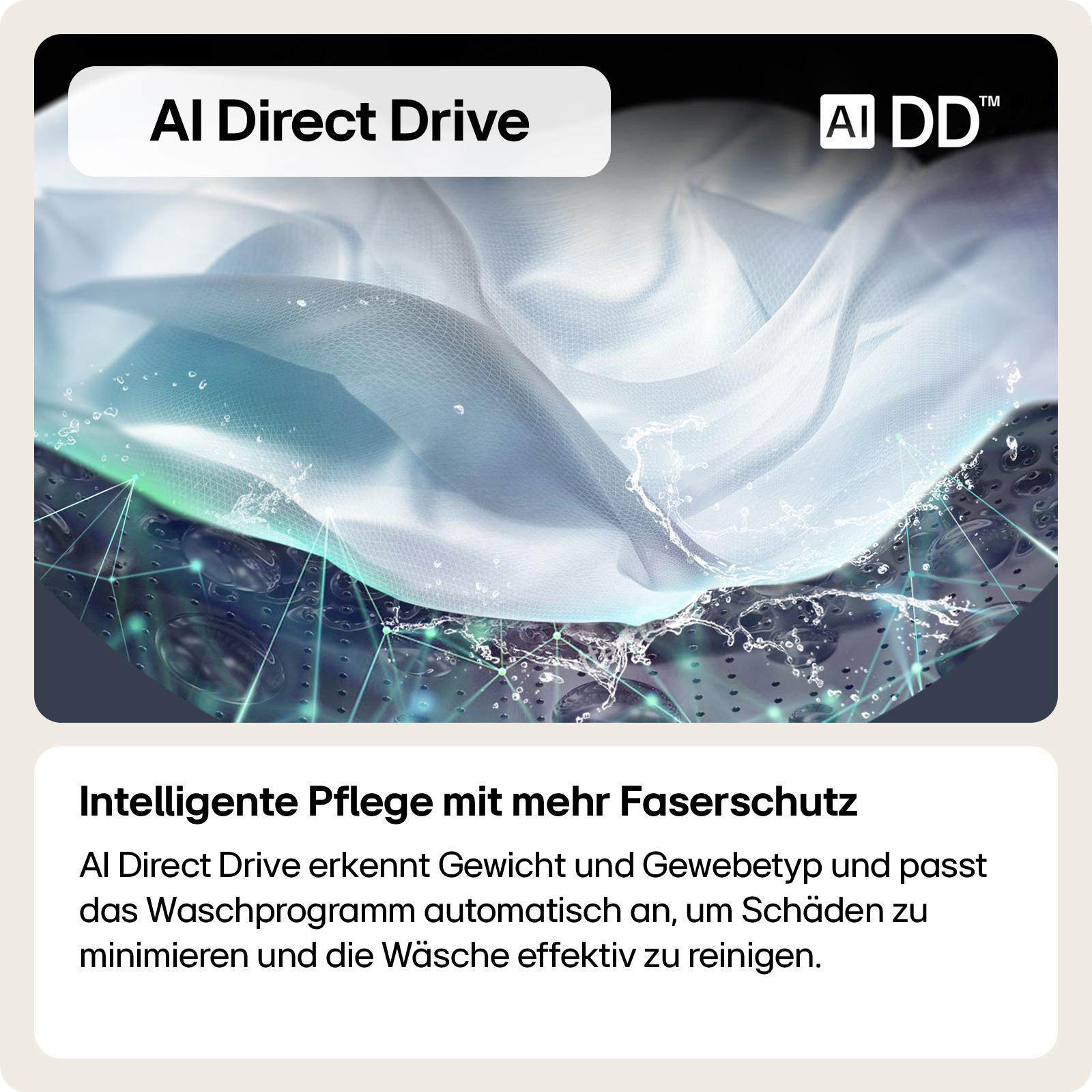 Wasser bewegt sich über weißem Stoff mit dem Text: AI Direct Drive.