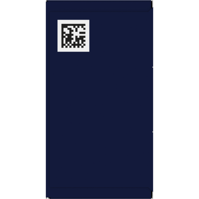 Embalaje rectangular azul oscuro con un código QR en la esquina superior izquierda.