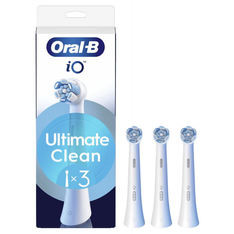 Embalaje Oral-B iO blanco y azul con 3 cabezales y información del producto.