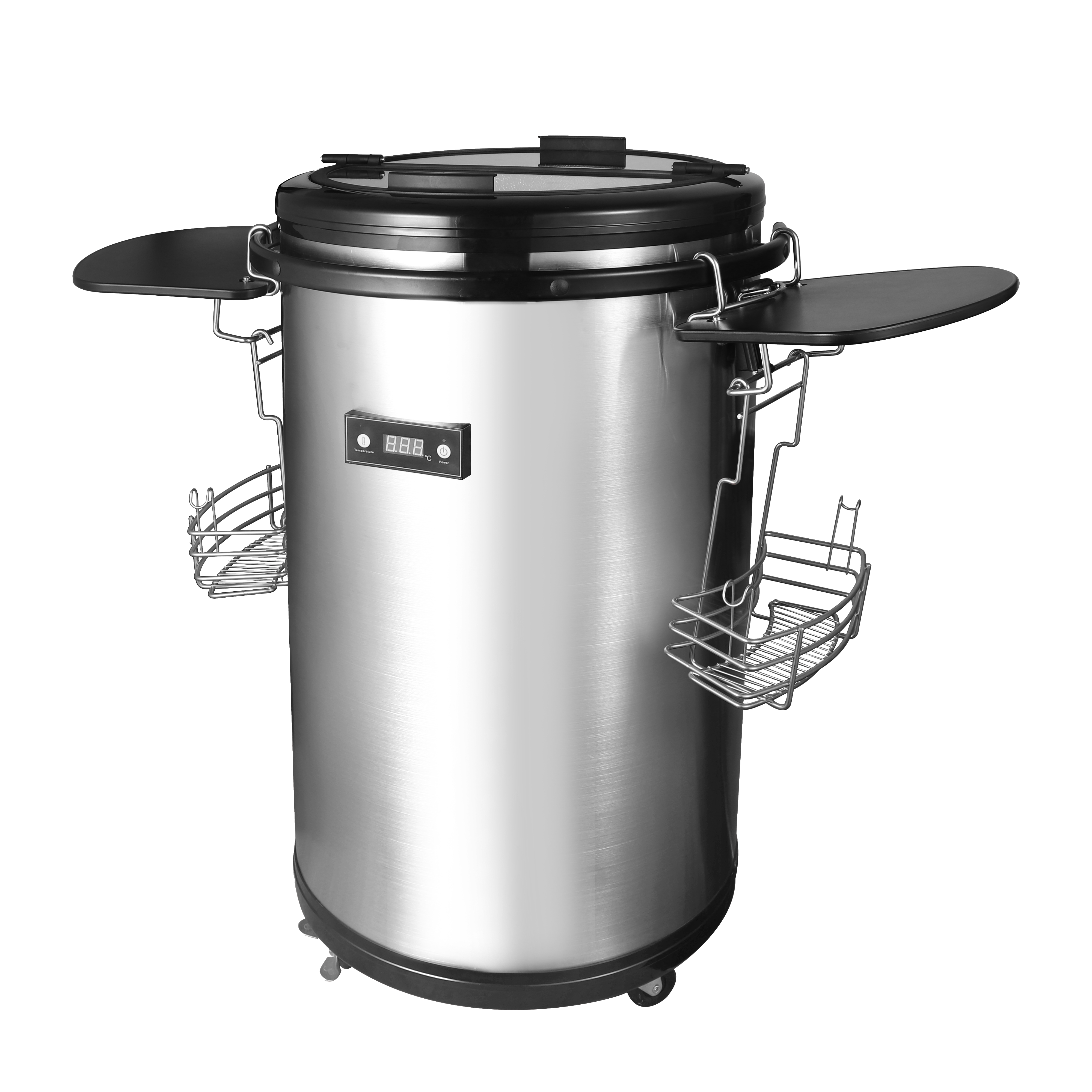 Ein Edelstahlkühler mit Seitentabletts und Körben. Er hat eine Digitalanzeige und steht auf Rädern.