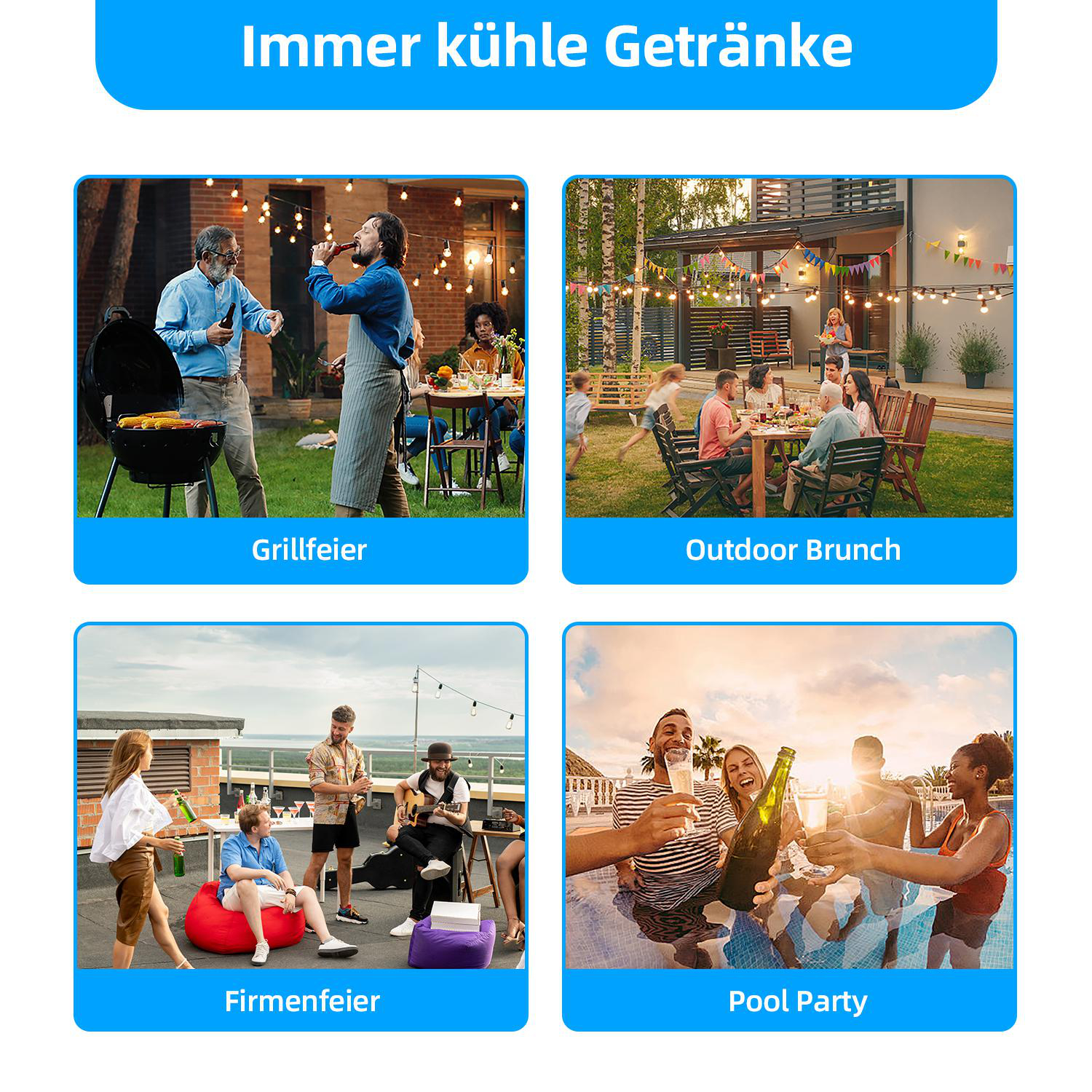 Vier Bilder von Menschen bei Zusammenkünften: eine Grillparty, ein Brunch im Freien, eine Firmenfeier und eine Poolparty.