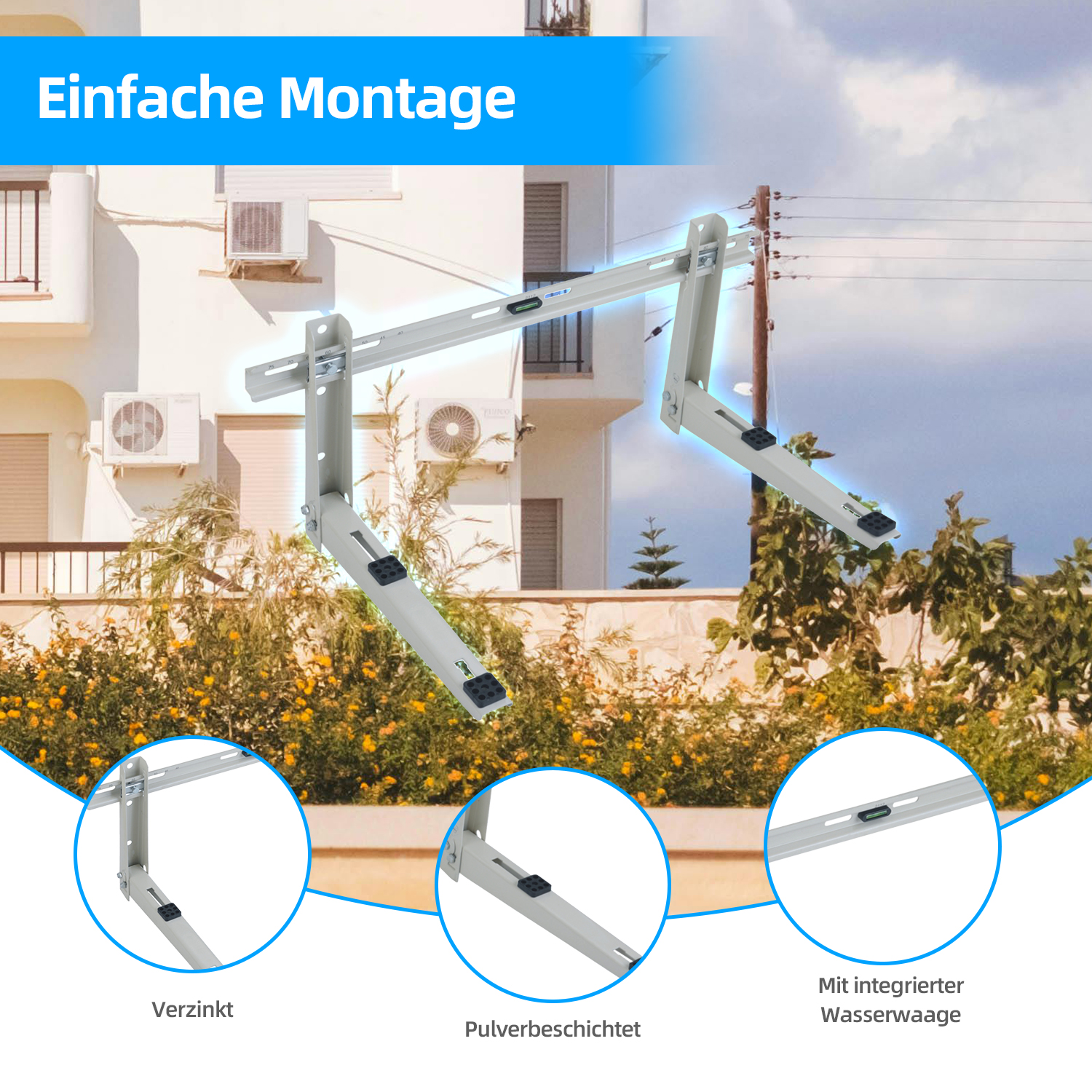 Zwei Montagehalterungen für eine Klimaanlage. Die Halterungen sind silbern und haben eine Wasserwaage.