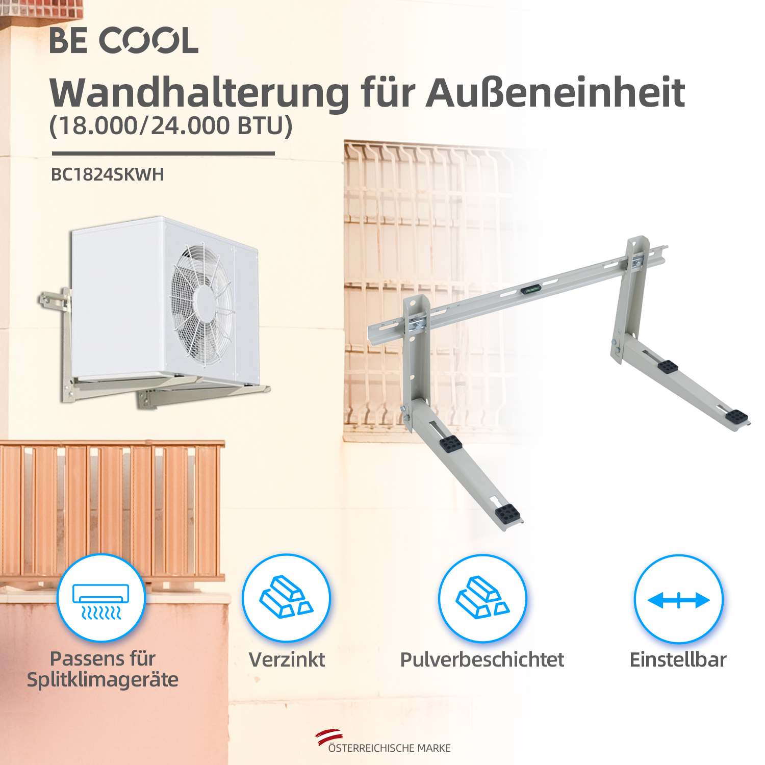 Eine Klimaanlage mit Montagehalterungen. Text zeigt den Markennamen und andere Funktionen.