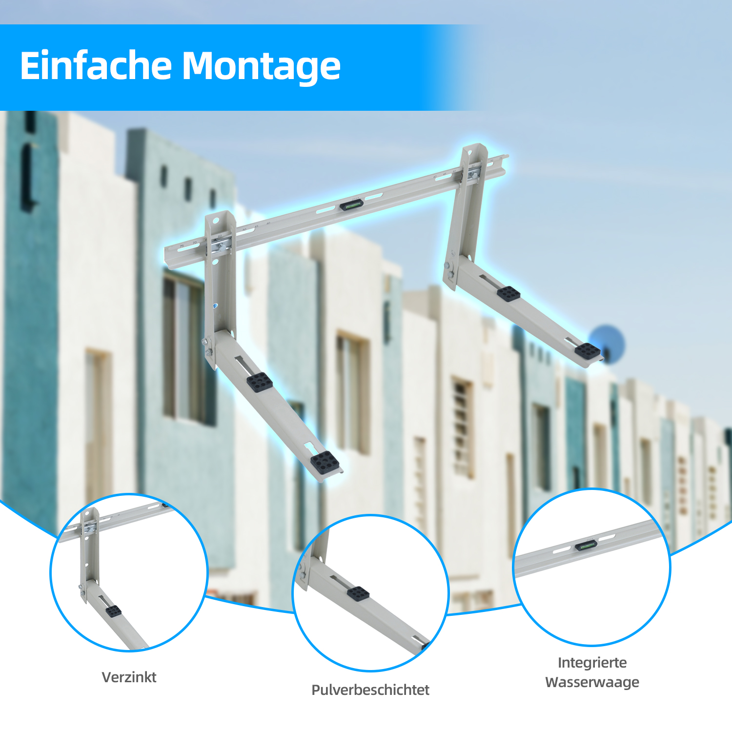 Zwei Montagehalterungen für eine Klimaanlage. Die Halterungen sind grau und haben eine Wasserwaage.