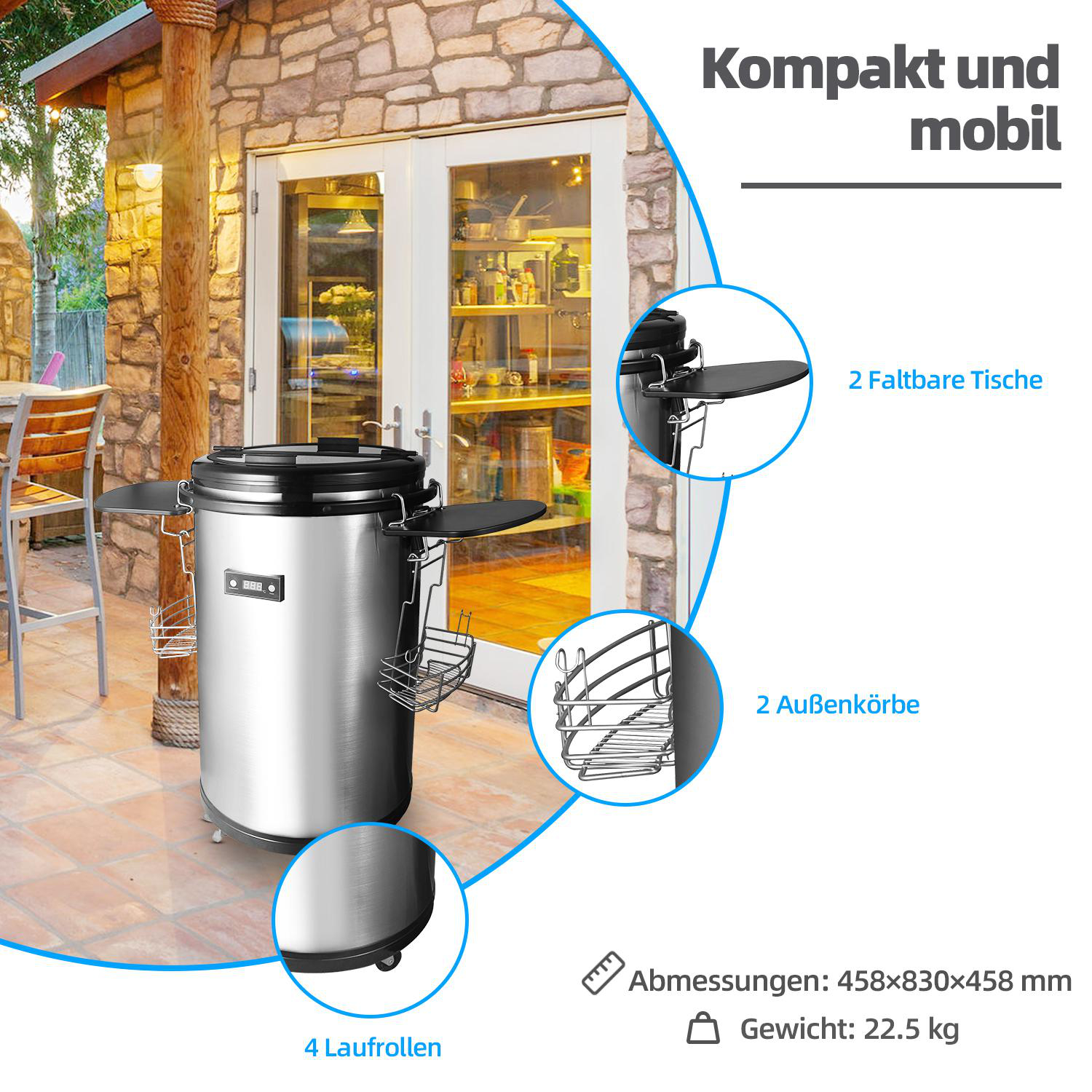 Ein Edelstahlkühler mit Seitentabletts und Körben. Er hat eine Digitalanzeige und steht auf Rädern.