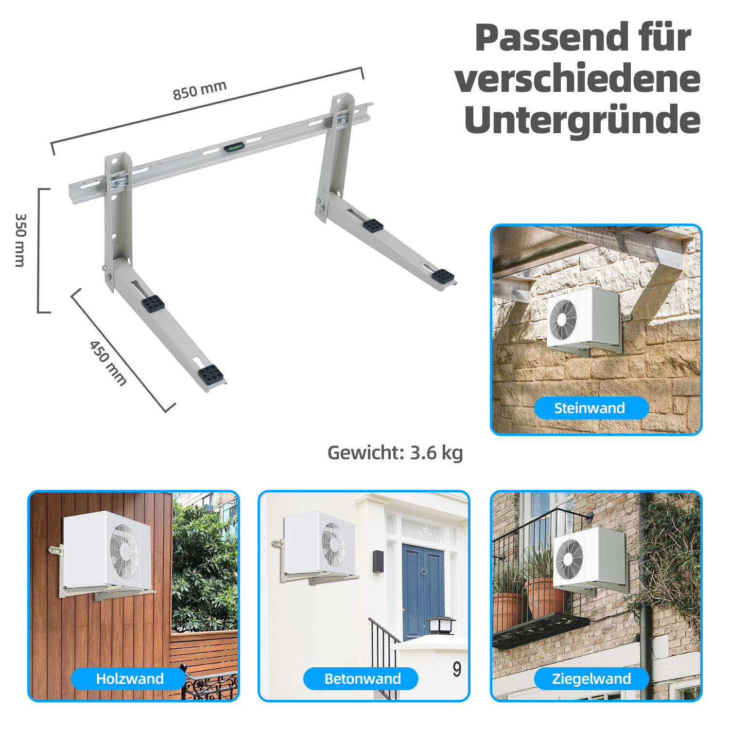 Silberne AC-Halterung mit Maßen und AC-Geräte an verschiedenen Wänden montiert.
