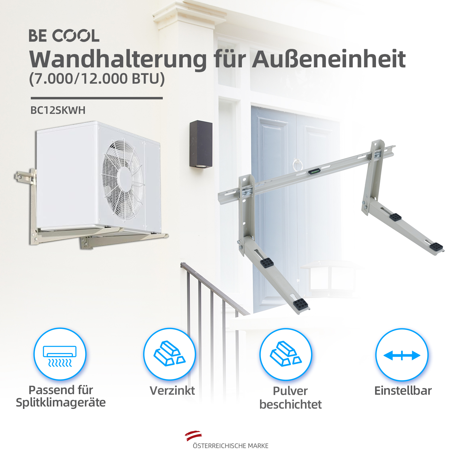 Das Bild zeigt ein an der Wand montiertes Klimagerät mit Halterung und Funktionen.