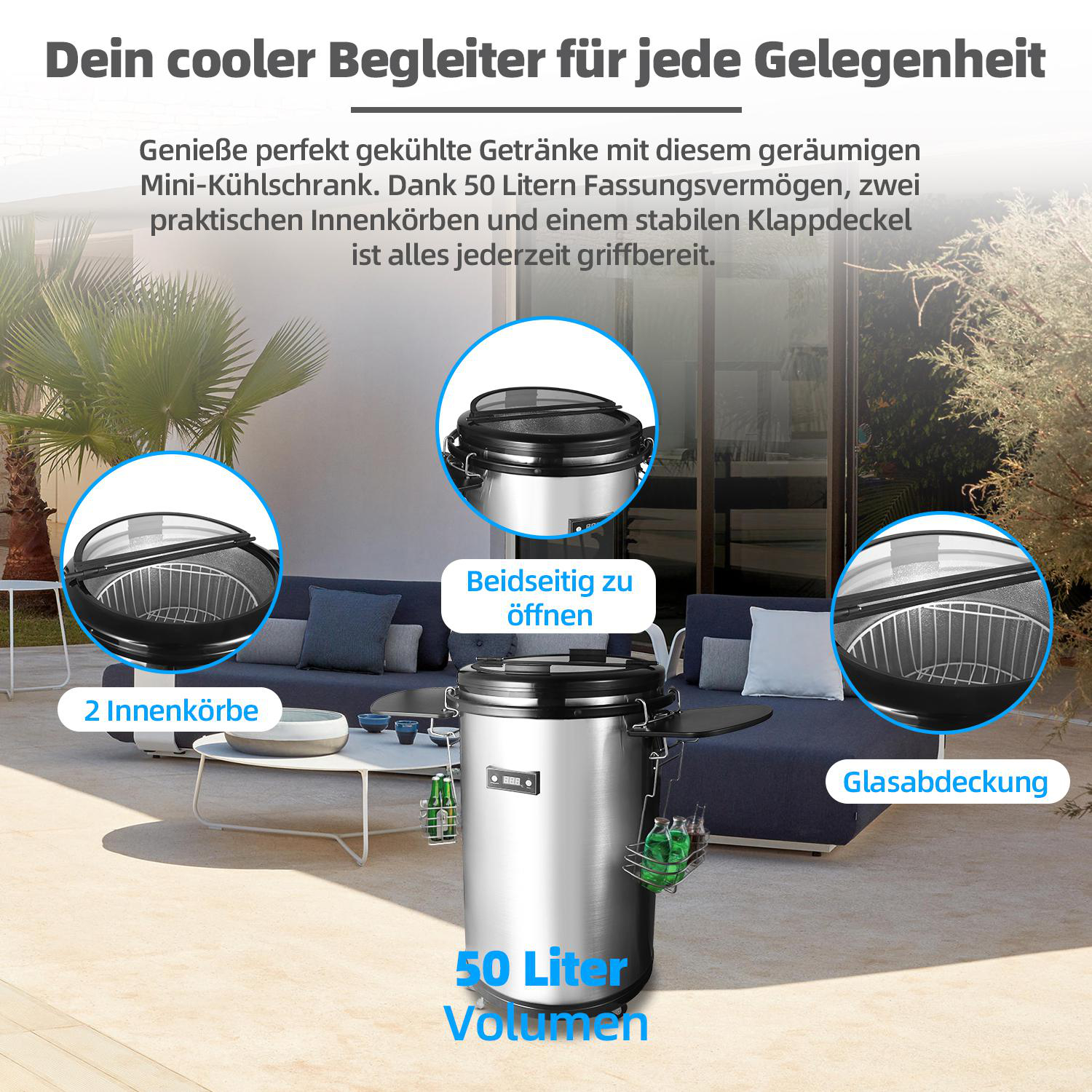 Ein silberner Kühler mit Glasdeckel, zwei Innenkörben und einer Tischszene auf einer Terrasse.
