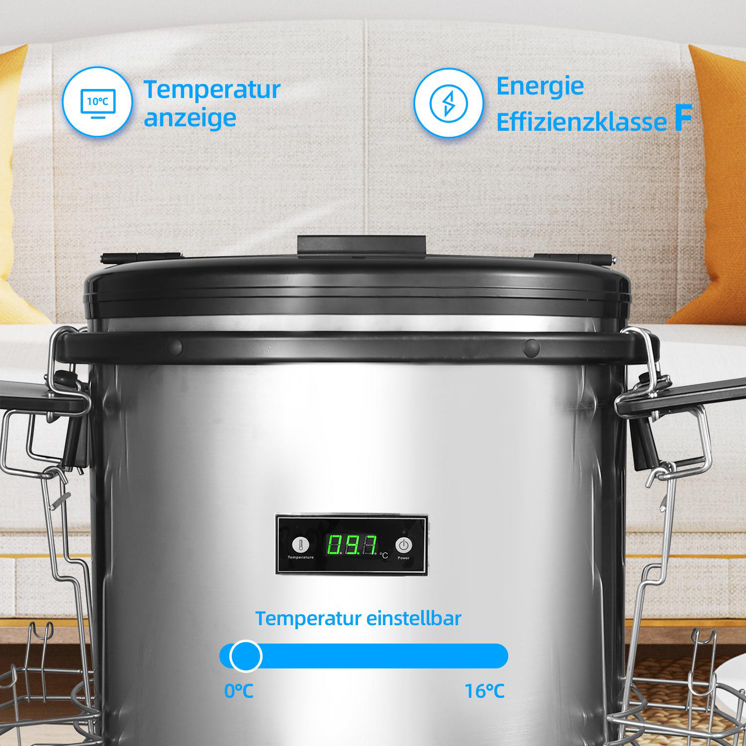 Nahaufnahme eines Kühlers mit Digitalanzeige, die Temperatureinstellungen zeigt.