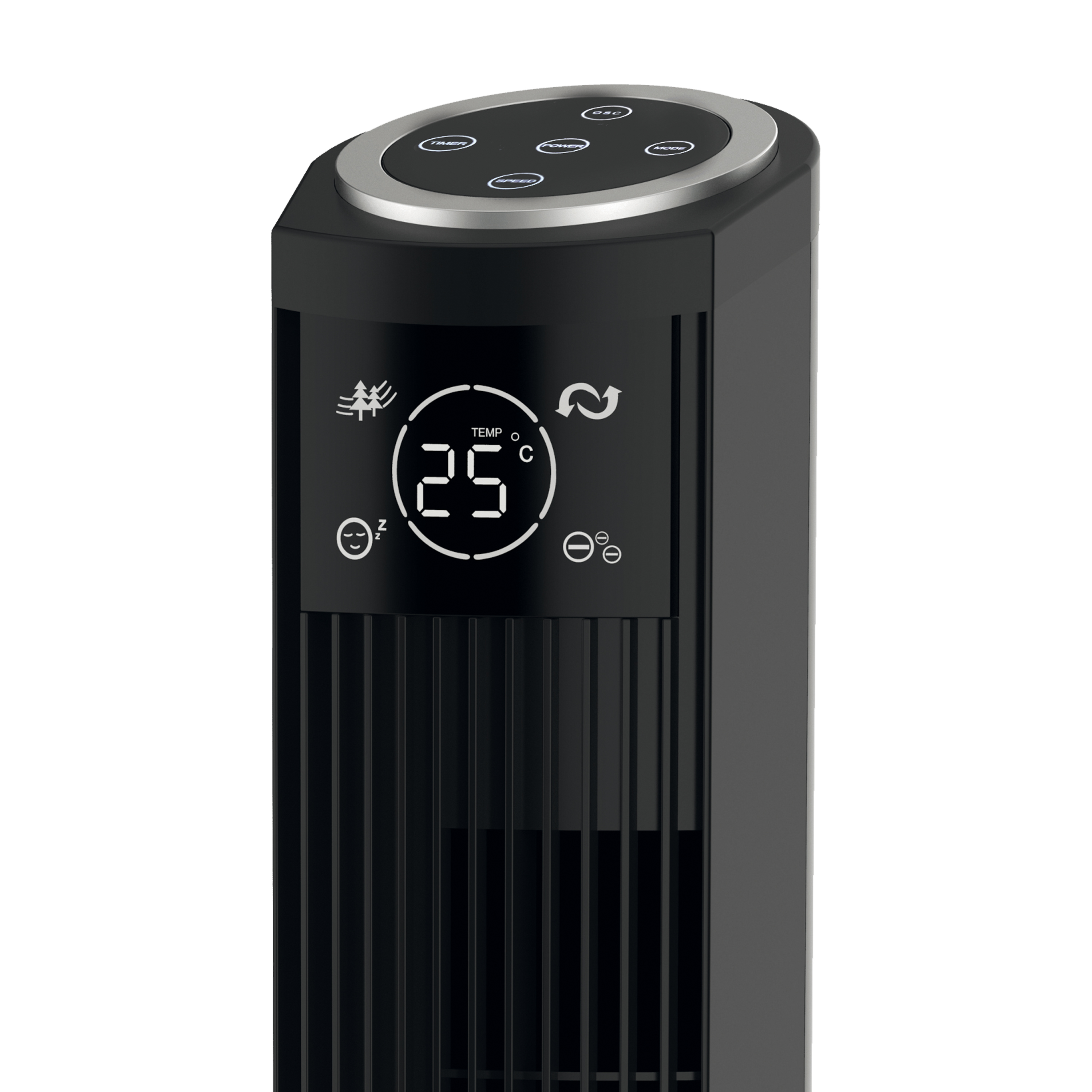 Nahaufnahme eines schwarzen Turmventilators mit Digitalanzeige 25°C. Oben Knöpfe.
