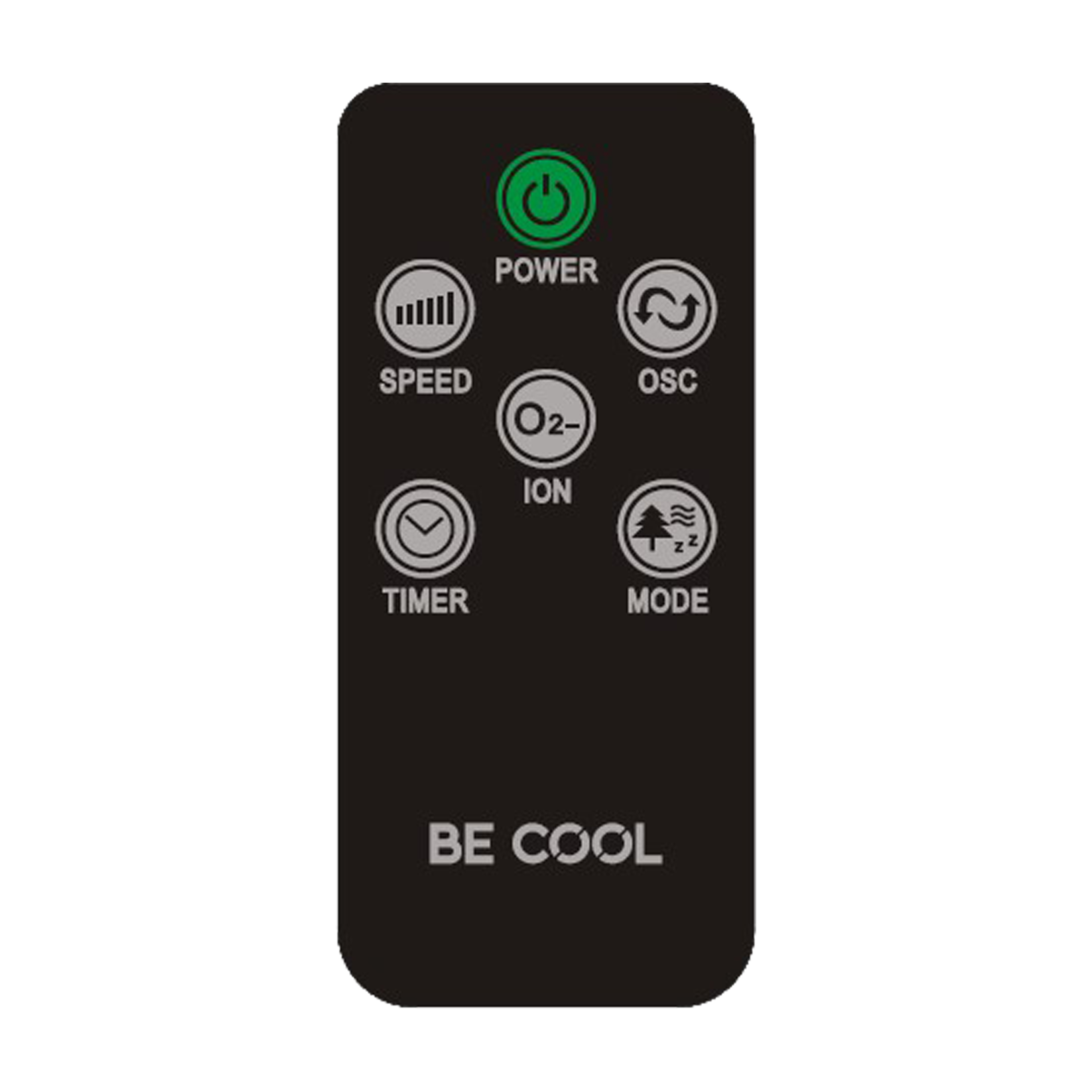 Eine schwarze Fernbedienung mit Tasten: Power, Speed, Ion, Timer, Osc und Mode. Text: BE COOL.