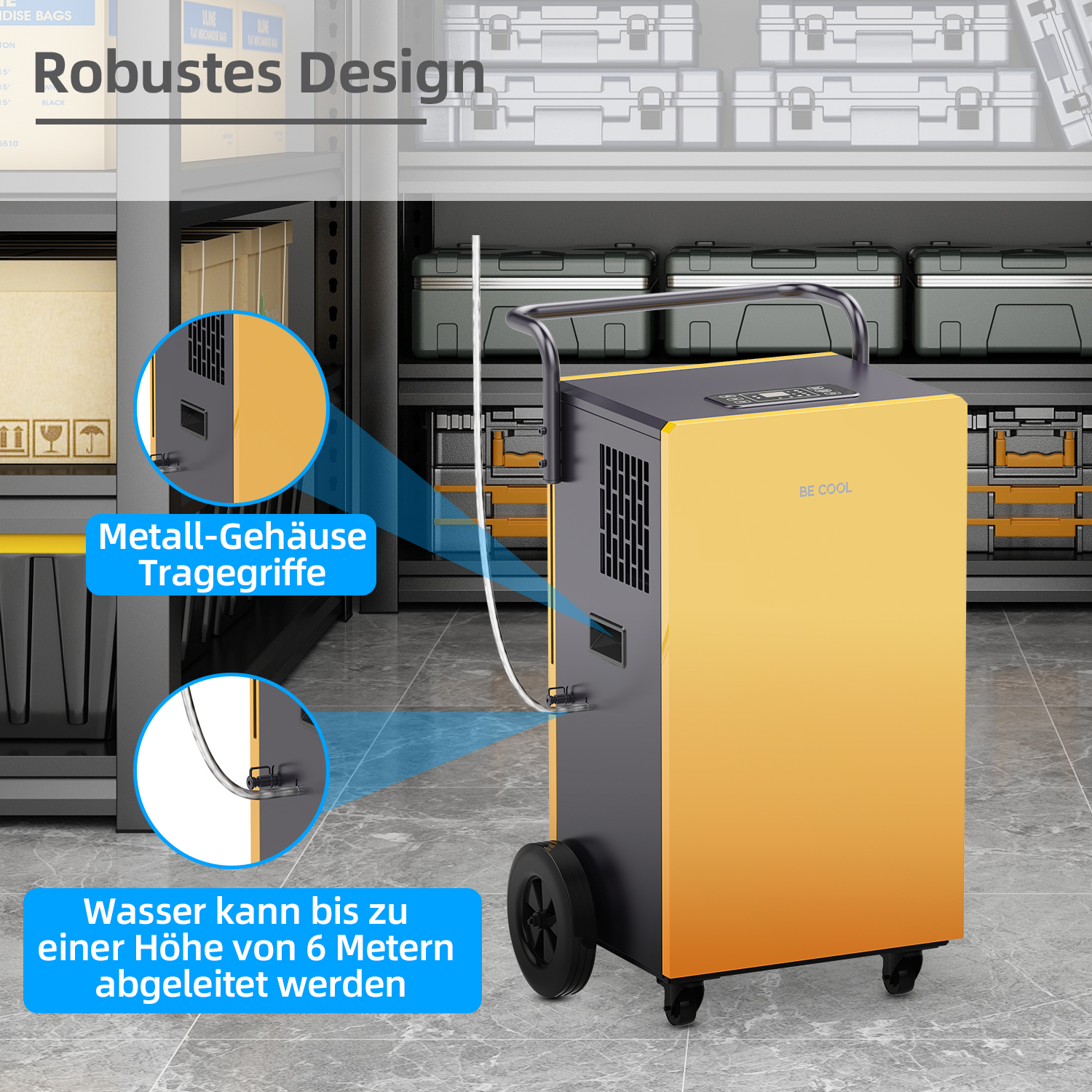 Gelb-schwarzer Luftentfeuchter. Text: Metall-Gehäuse, Tragegriffe, Wasser kann bis zu 6 Metern abgeleitet werden.