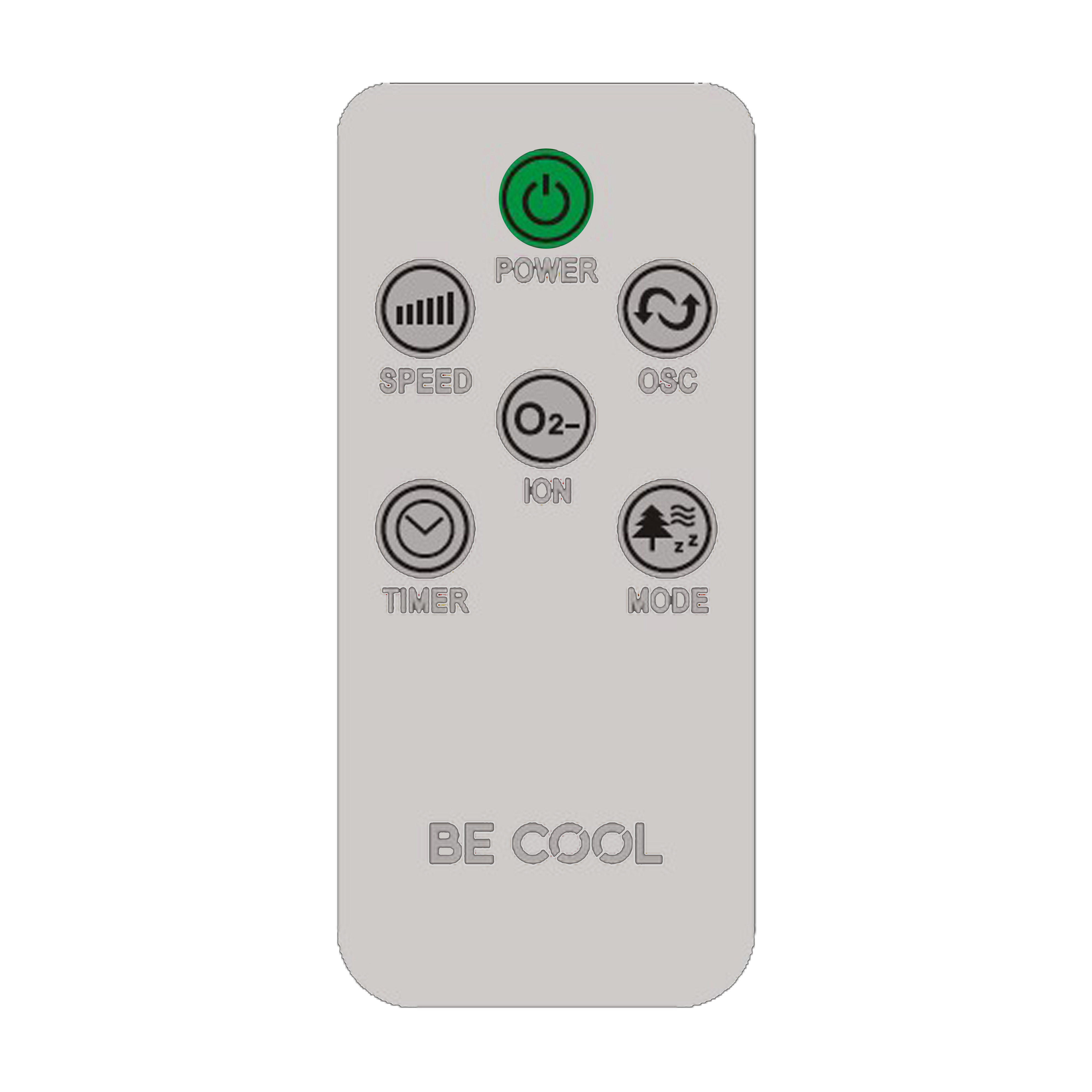 Eine weiße Fernbedienung mit Tasten: Power, Speed, Ion, Timer, Osc und Mode. Text: BE COOL.