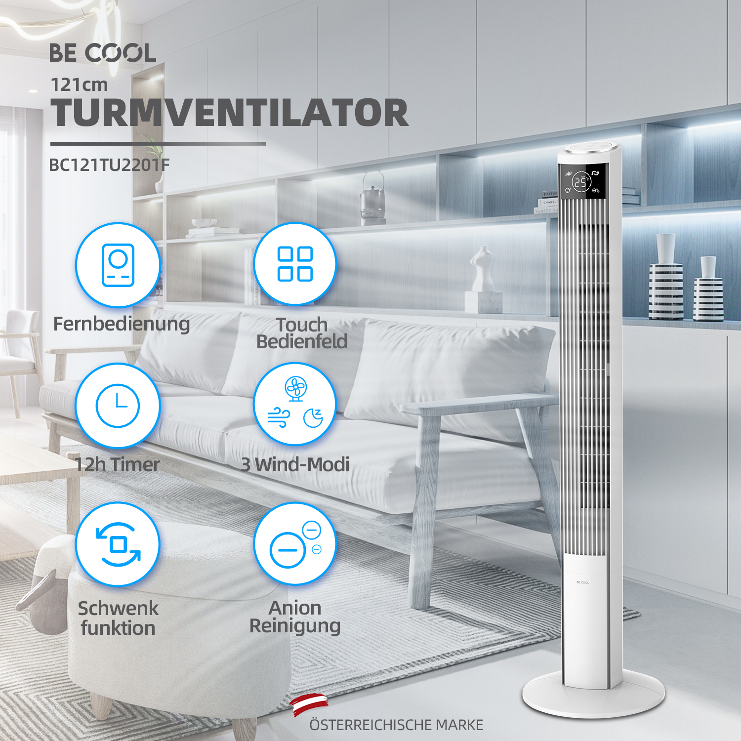 Weißer Turmventilator in einem Raum. Text: BE COOL, 121cm, TURMVENTILATOR, 12h Timer, 3 Wind-Modi.