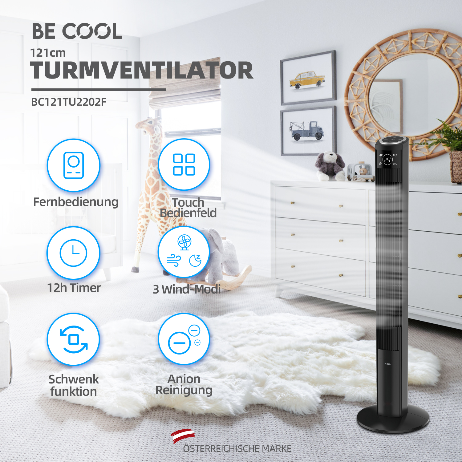 Schwarzer Turmventilator in einem Raum. Text: BE COOL, 121cm, TURMVENTILATOR, 12h Timer, 3 Wind-Modi.