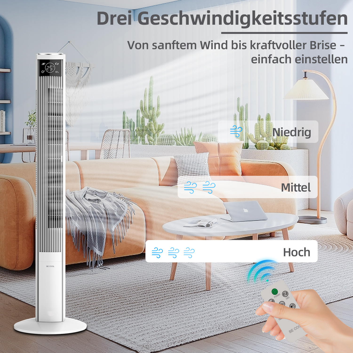 Weißer Turmventilator in einem Raum. Text: 3 Geschwindigkeitsstufen, Wind von niedrig bis hoch, Fernbedienung.