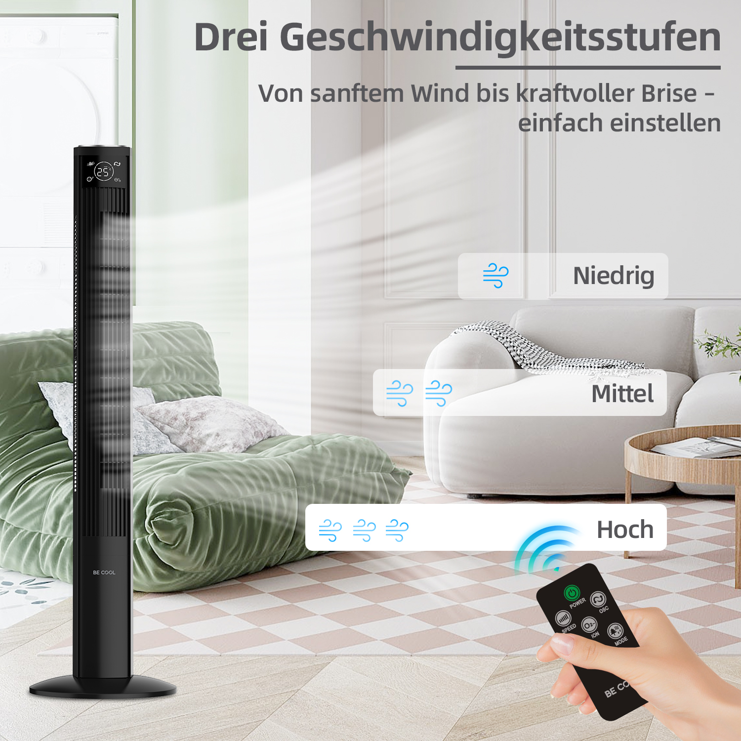 Schwarzer Turmventilator in einem Raum. Text: 3 Geschwindigkeitsstufen, Wind von niedrig bis hoch, Fernbedienung.